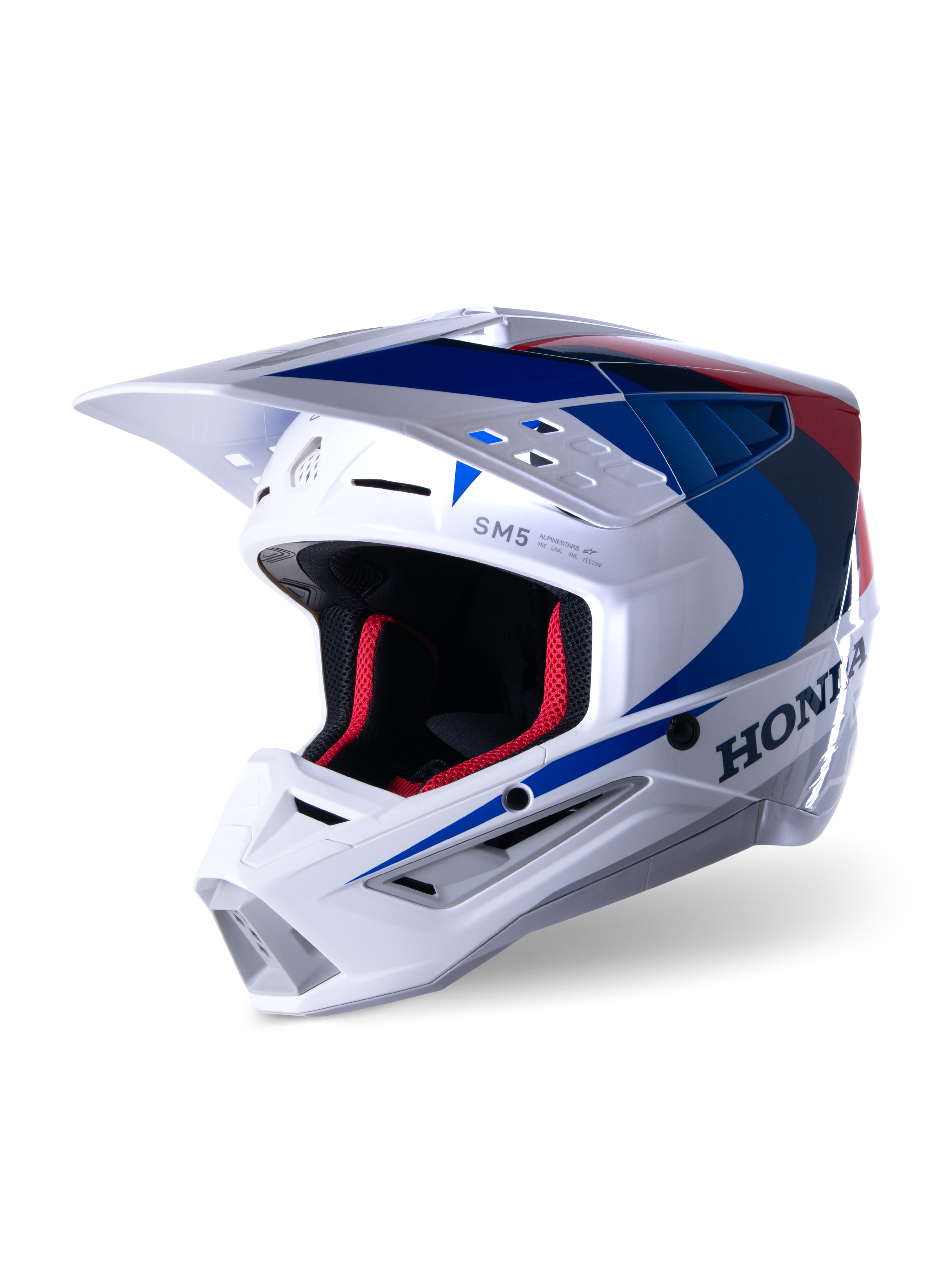 Alpinestars Honda S-M5-hjälm ECE, motocrosshjälm, vit, blå och röd glansig, med tydlig Honda-logotyp på sidan, röd mesh-vaddering invändigt, aerodynamiskt visir med integrerade luftventiler, strömlinjeformad grafisk design för terrängkörning