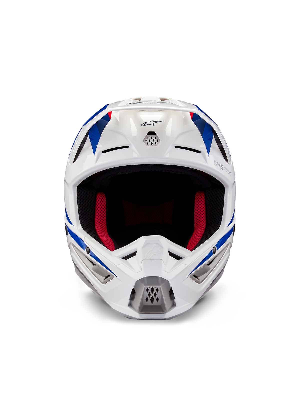 Alpinestars Honda S-M5 ECE-hjälm, motocrosshjälm, vit, blå och röd glansig finish, vy framifrån som visar ventilationsöppningar och röd innerstoppning, aerodynamisk design för skydd vid terrängkörning