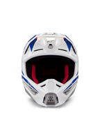 Alpinestars Honda S-M5 ECE-hjälm, motocrosshjälm, vit, blå och röd glansig finish, vy framifrån som visar ventilationsöppningar och röd innerstoppning, aerodynamisk design för skydd vid terrängkörning