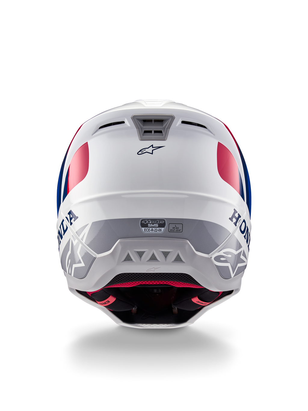 Alpinestars Honda S-M5-hjälm ECE, motocrosshjälm, vit, blå och röd glansig, vy bakifrån som visar Honda- och Alpinestars-logotyper, strömlinjeformat skal med integrerade ventilationsutblås och ECE-certifieringsetikett