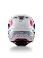 Alpinestars Honda S-M5-hjälm ECE, motocrosshjälm, vit, blå och röd glansig, vy bakifrån som visar Honda- och Alpinestars-logotyper, strömlinjeformat skal med integrerade ventilationsutblås och ECE-certifieringsetikett