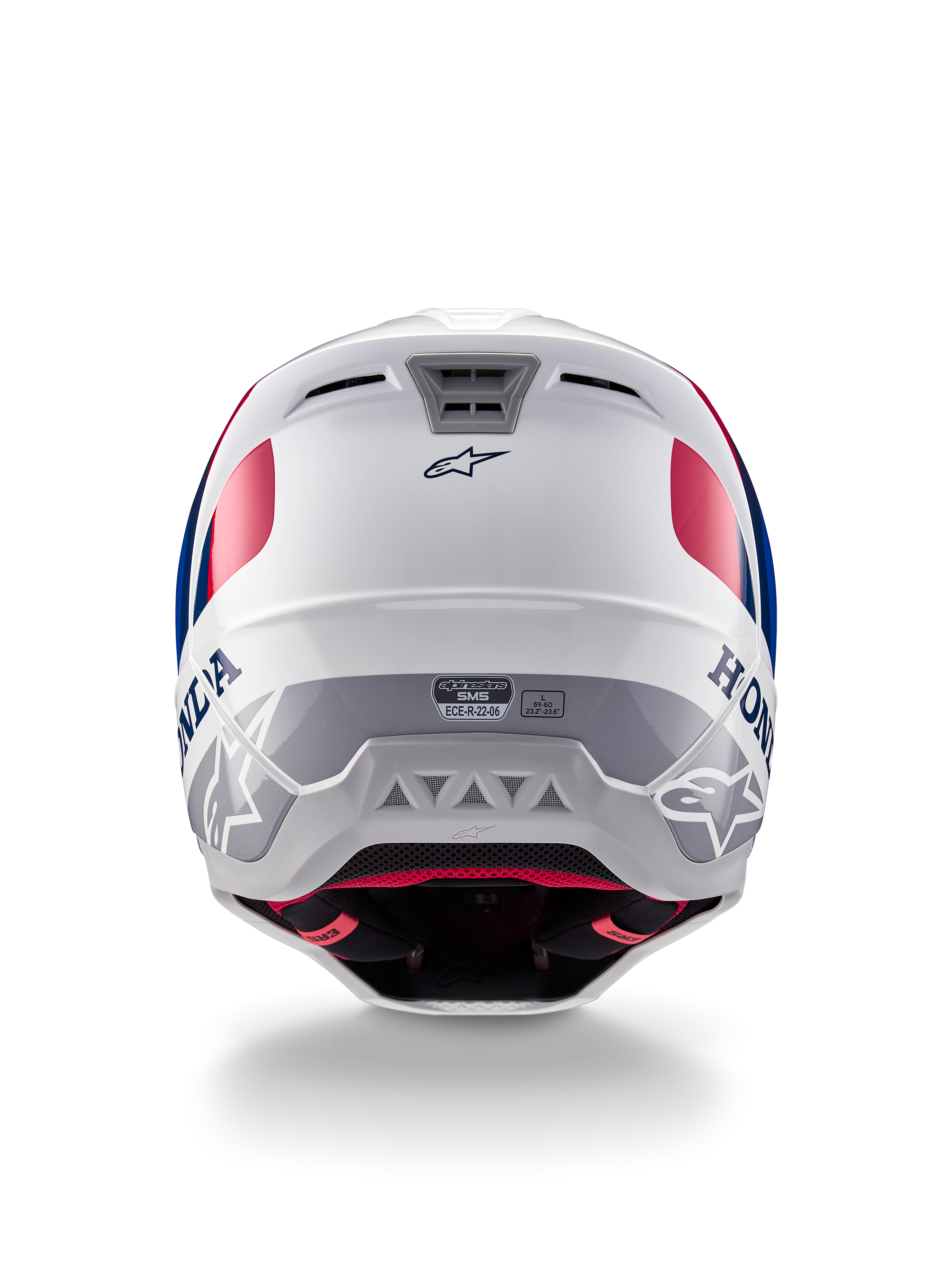 Alpinestars Honda S-M5-hjälm ECE, motocrosshjälm, vit, blå och röd glansig, vy bakifrån som visar Honda- och Alpinestars-logotyper, strömlinjeformat skal med integrerade ventilationsutblås och ECE-certifieringsetikett