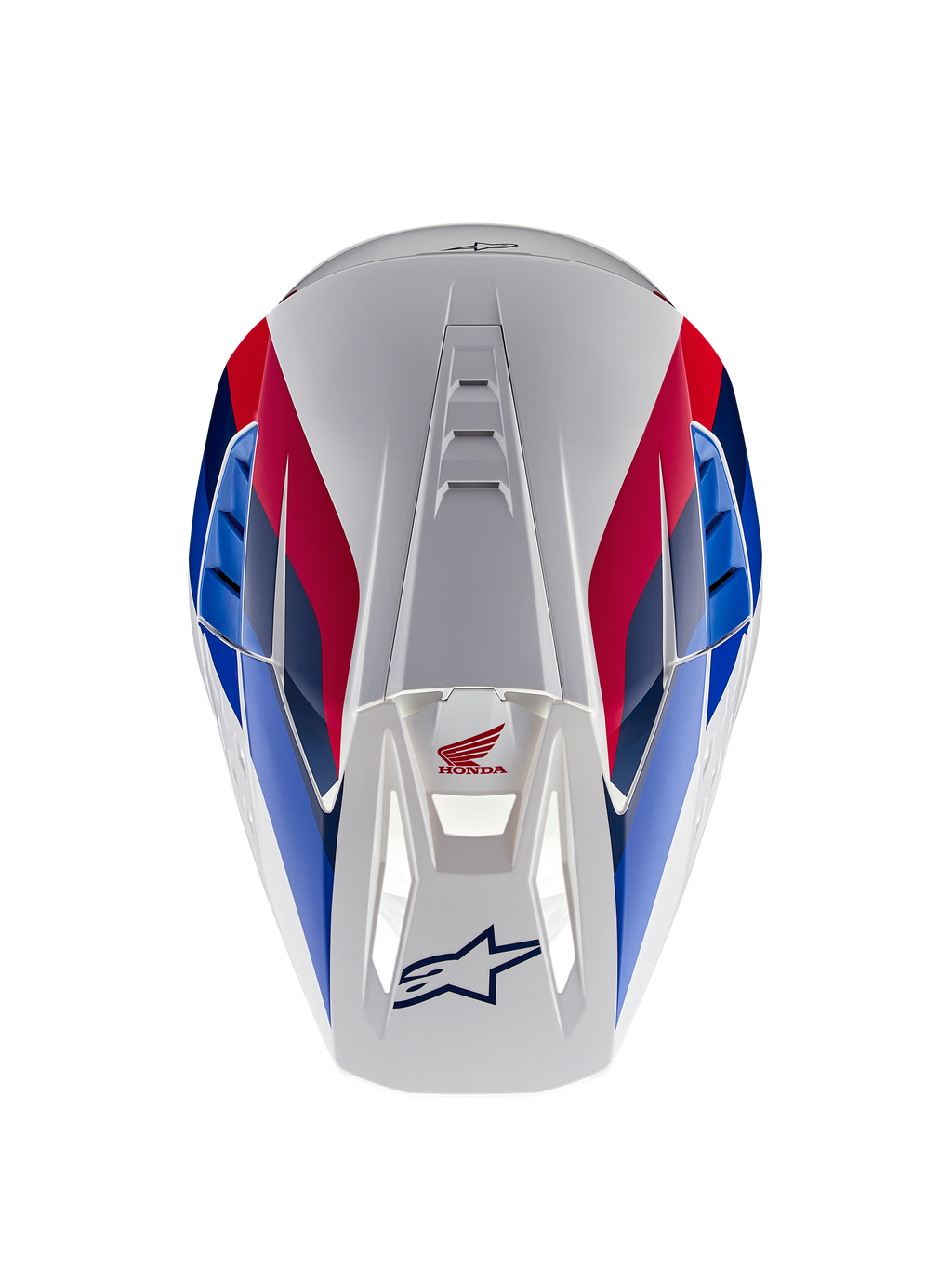 Alpinestars Honda S-M5-hjälm ECE, motocrosshjälm, vit, blå och röd glansig finish, vy ovanifrån som framhäver ventilationskanaler, röd och blå grafik med Honda- och Alpinestars-logotyper