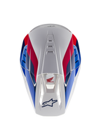 Alpinestars Honda S-M5-hjälm ECE, motocrosshjälm, vit, blå och röd glansig finish, vy ovanifrån som framhäver ventilationskanaler, röd och blå grafik med Honda- och Alpinestars-logotyper