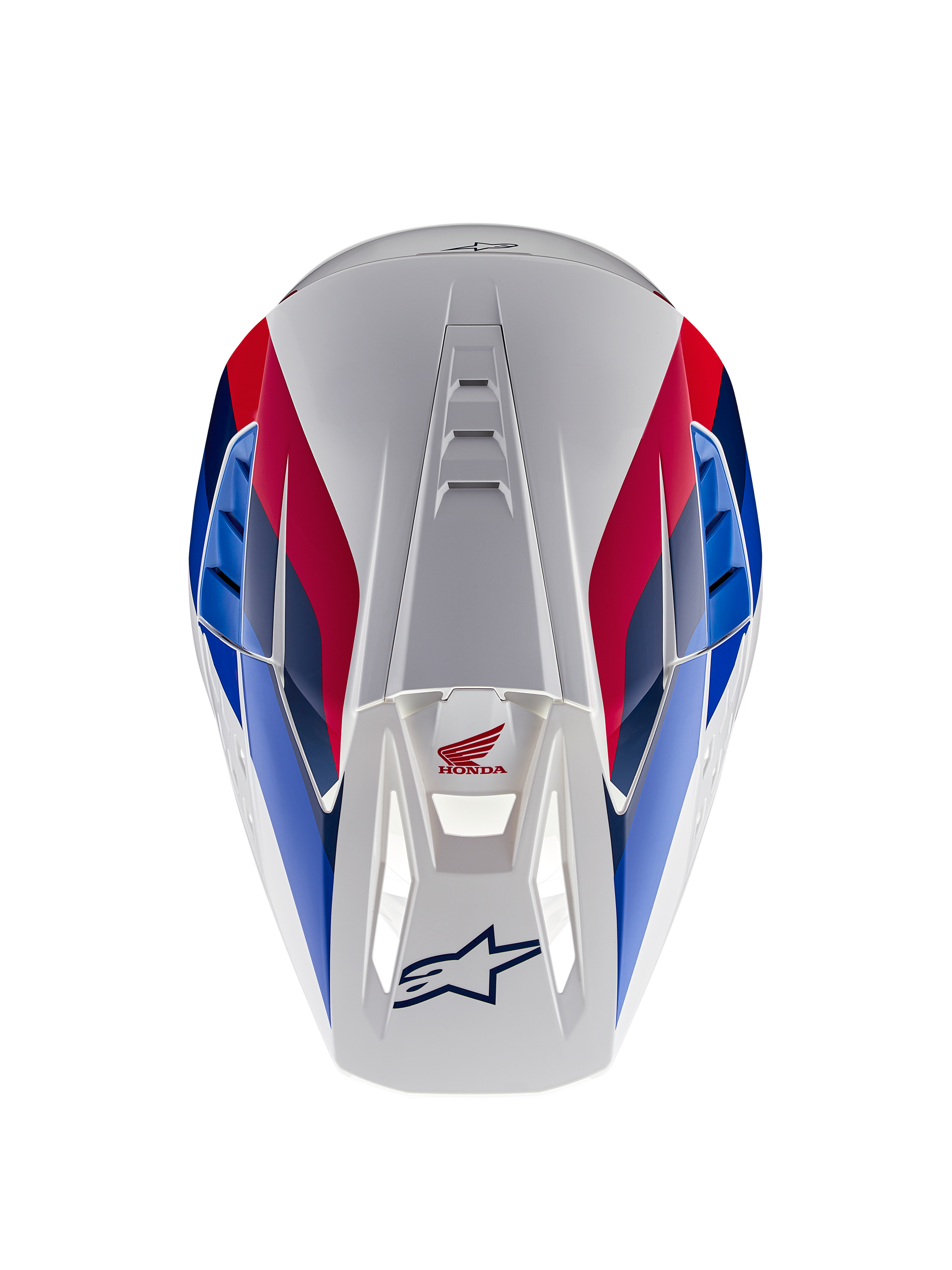Alpinestars Honda S-M5-hjälm ECE, motocrosshjälm, vit, blå och röd glansig finish, vy ovanifrån som framhäver ventilationskanaler, röd och blå grafik med Honda- och Alpinestars-logotyper