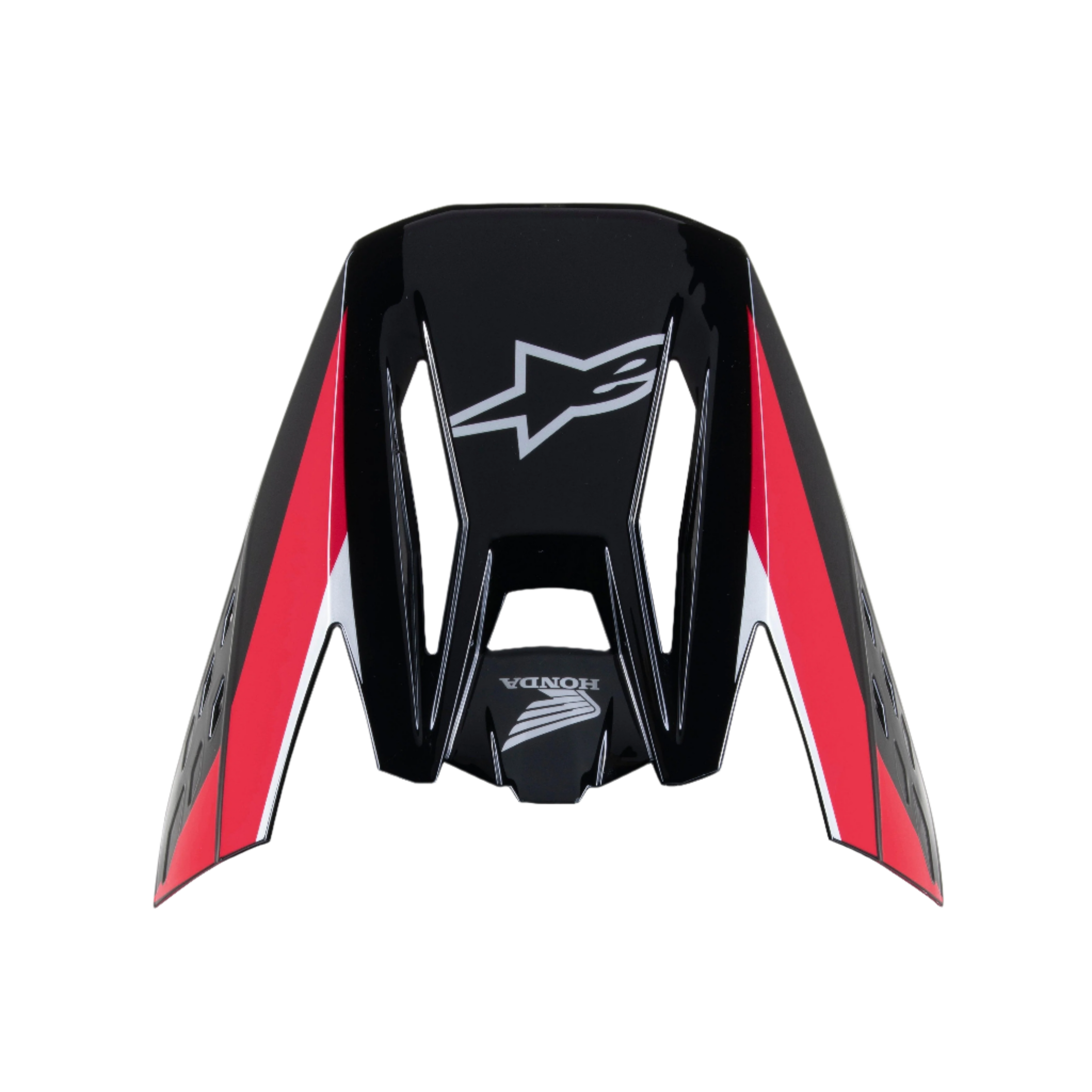 Alpinestars Honda S-M5 visir, svart röd glansig, reservskärm till motocrosshjälm, med vita Alpinestars- och Honda-logotyper, röda och vita grafiska ränder, glansig finish för terrängkörning
