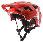 Alpinestars Vector Tech A2 MTB Helmet, Bright Red with Light Gray Glossy accents, white Alpinestars logos and graphics, adjustable visor, multiple ventilation ports, black chin straps, and lightweight mountain bike design