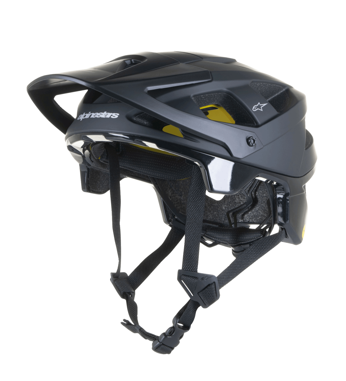 Alpinestars Vector Tech Solid Helmet, Black MTB Mountain Bike Helmet, Matte and Glossy Finish with 19 Vents, Yellow Interior Mips Padding, Adjustable Visor and Straps, Lightweight Protection for Trail and All-Mountain Riding
