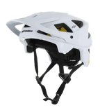 Alpinestars Vector Tech Solid Helmet, MTB Mountain Bike Helmet, White Matt and Glossy, featuring an angular design with multiple air vents, black adjustable chin straps, yellow Mips interior padding, and an adjustable front visor