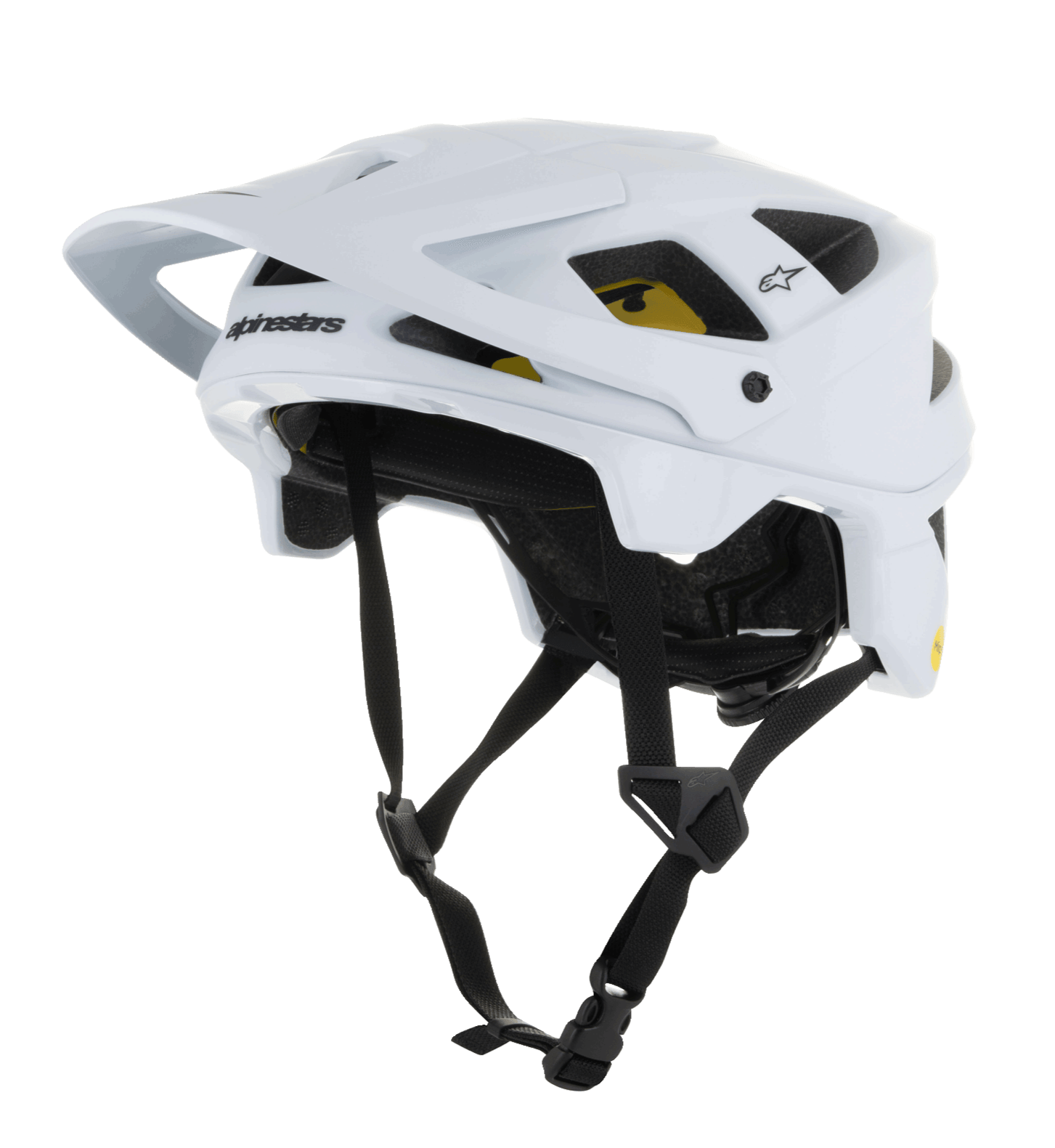 Alpinestars Vector Tech Solid Helmet, MTB Mountain Bike Helmet, White Matt and Glossy, featuring an angular design with multiple air vents, black adjustable chin straps, yellow Mips interior padding, and an adjustable front visor