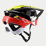 The Vector Tech Pilot Helmet CE, crafted by Alpinestars EU, boasts a sleek multicolored design featuring black, yellow fluo, and red glossy sections. The helmet is designed with ventilation openings and an adjustable strap system to ensure rider protection. Enhanced safety is provided through MIPS technology, while the brand name "Alpinestars" is prominently displayed on the side. The background is white.