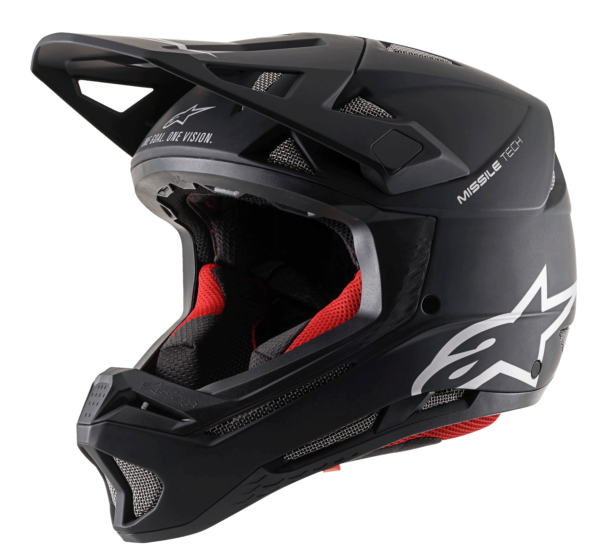 Alpinestars Missile Tech Solid Helmet, Matte Black full-face downhill MTB gear with red padding and mesh vents.