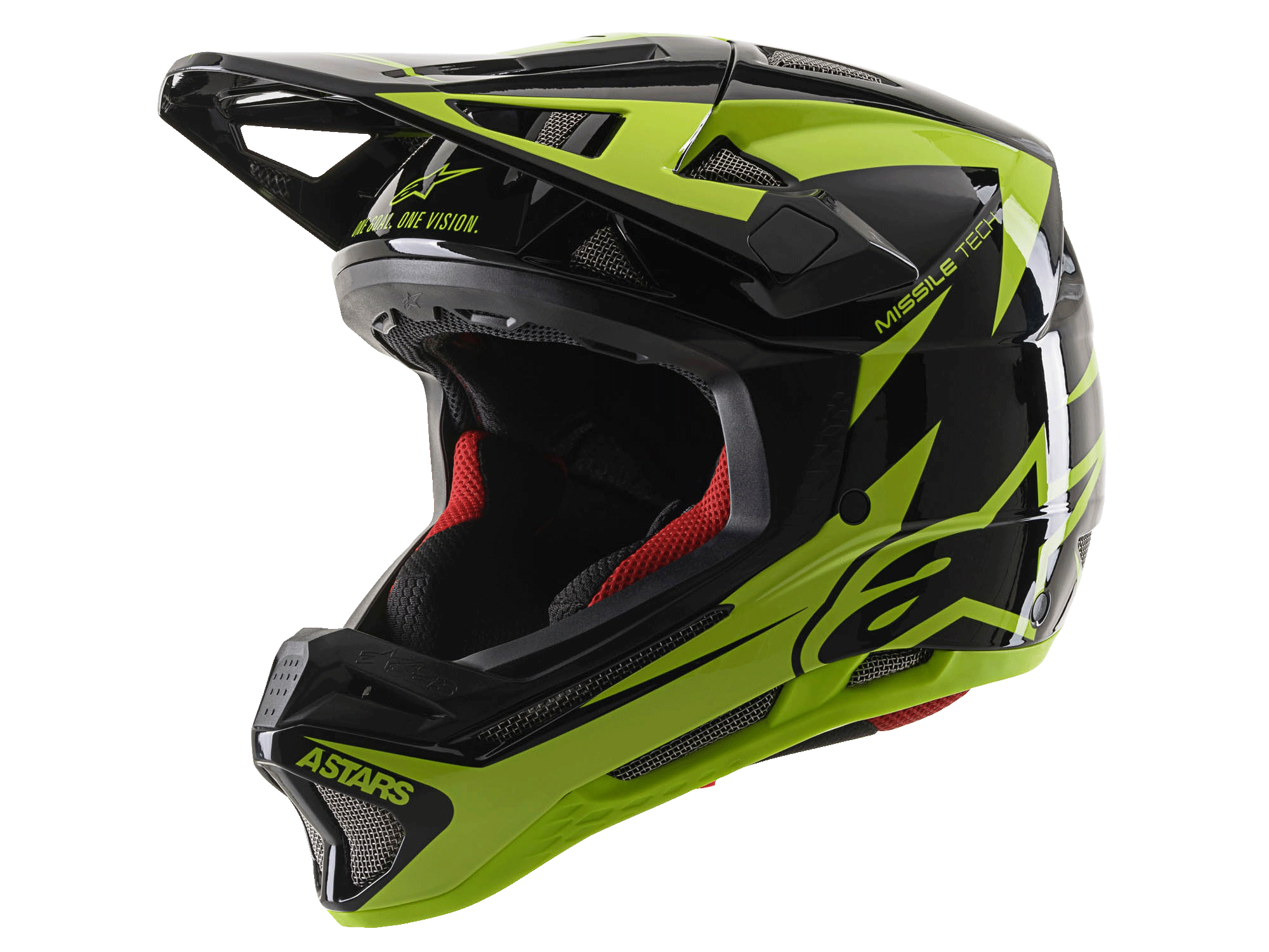 Alpinestars Missile Tech-Air Full Face Helmet, MTB Downhill Helmet, Black and Yellow Fluo Glossy, featuring 22 vents, 'ASTARS' and 'MISSILE TECH' branding, red interior padding, glossy aerodynamic design