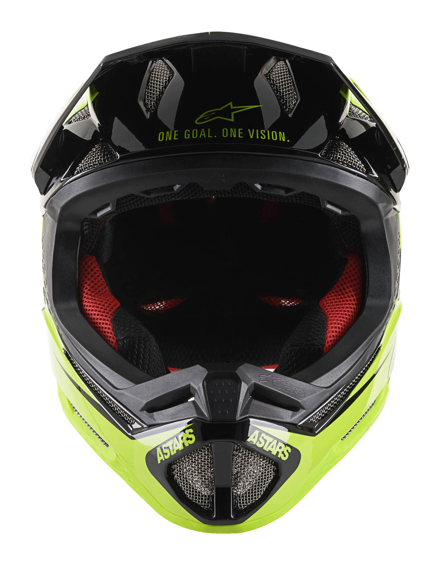 Alpinestars Missile Tech-Air® Full Face Helmet, MTB Full Face Helmet, Black and Yellow Fluo Glossy, front view showing 'One Goal. One Vision.' text on the visor, red interior padding, mesh air vents, and ASTARS branding on the chin bar