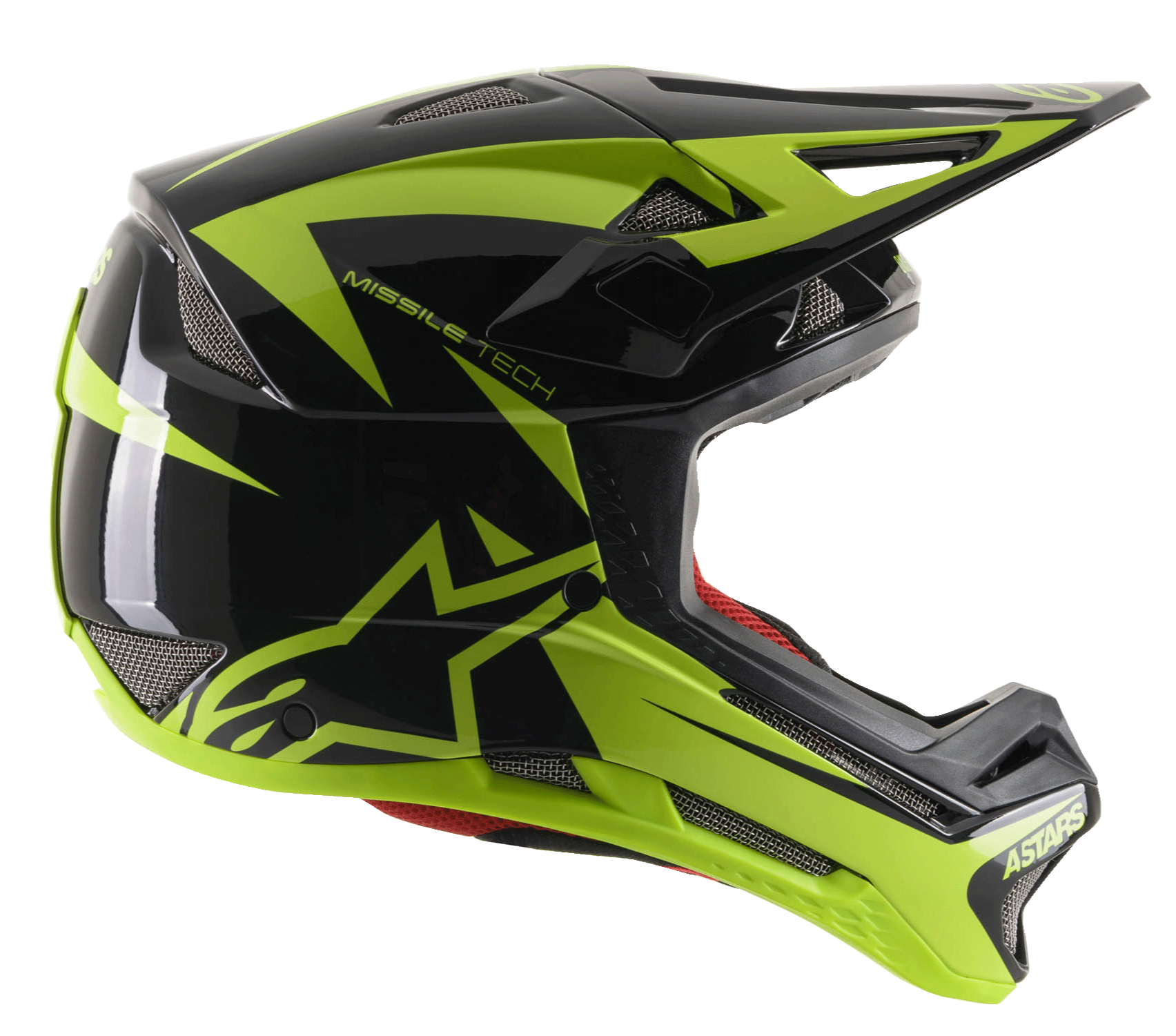 Alpinestars Missile Tech-Air fullfacehjälm, downhill-hjälm för MTB, svart och neongul högblank, profilvy från sidan med aerodynamiska nätventiler, stor neongul stjärnlogotyp och MISSILE TECH-branding, rött innerfoder, strömlinjeformad prestandadesign för mountainbike