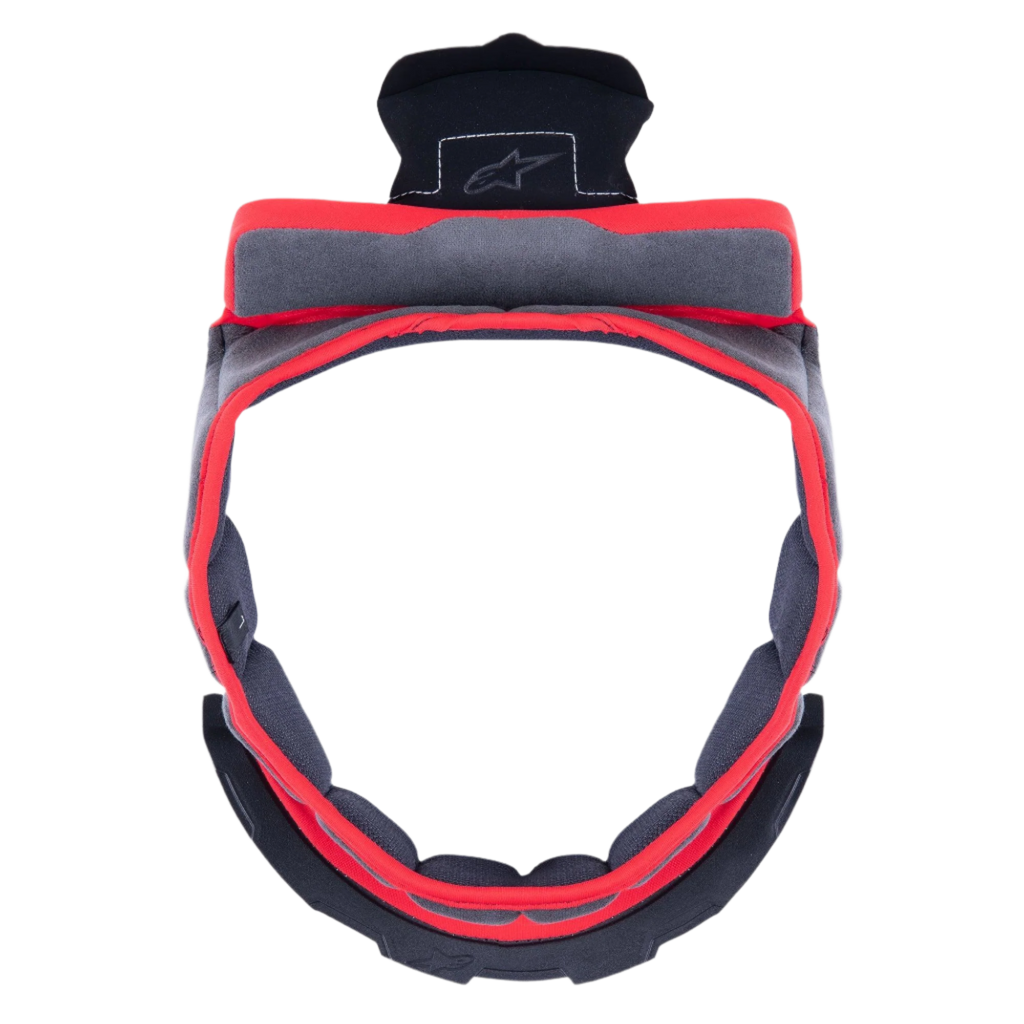 Alpinestars Supertech R10 Crown Pad, grå ersättningskronkudde för motorcykelhjälm, cirkulär form med röd kant och grått tyg, svarta plastfästen med Alpinestars-logotyp, designad för komfort och anpassning av passformen.