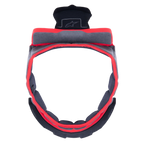 Alpinestars Supertech R10 Crown Pad, grå ersättningskronkudde för motorcykelhjälm, cirkulär form med röd kant och grått tyg, svarta plastfästen med Alpinestars-logotyp, designad för komfort och anpassning av passformen.
