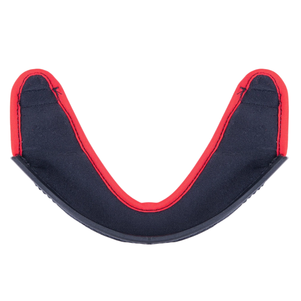 Alpinestars Supertech R10 hakgardin, hjälmtillbehör, mörkgrått tyg med en framträdande röd sydd kant och en böjd svart plastkant, officiell reservdel för S-R10-hjälmar