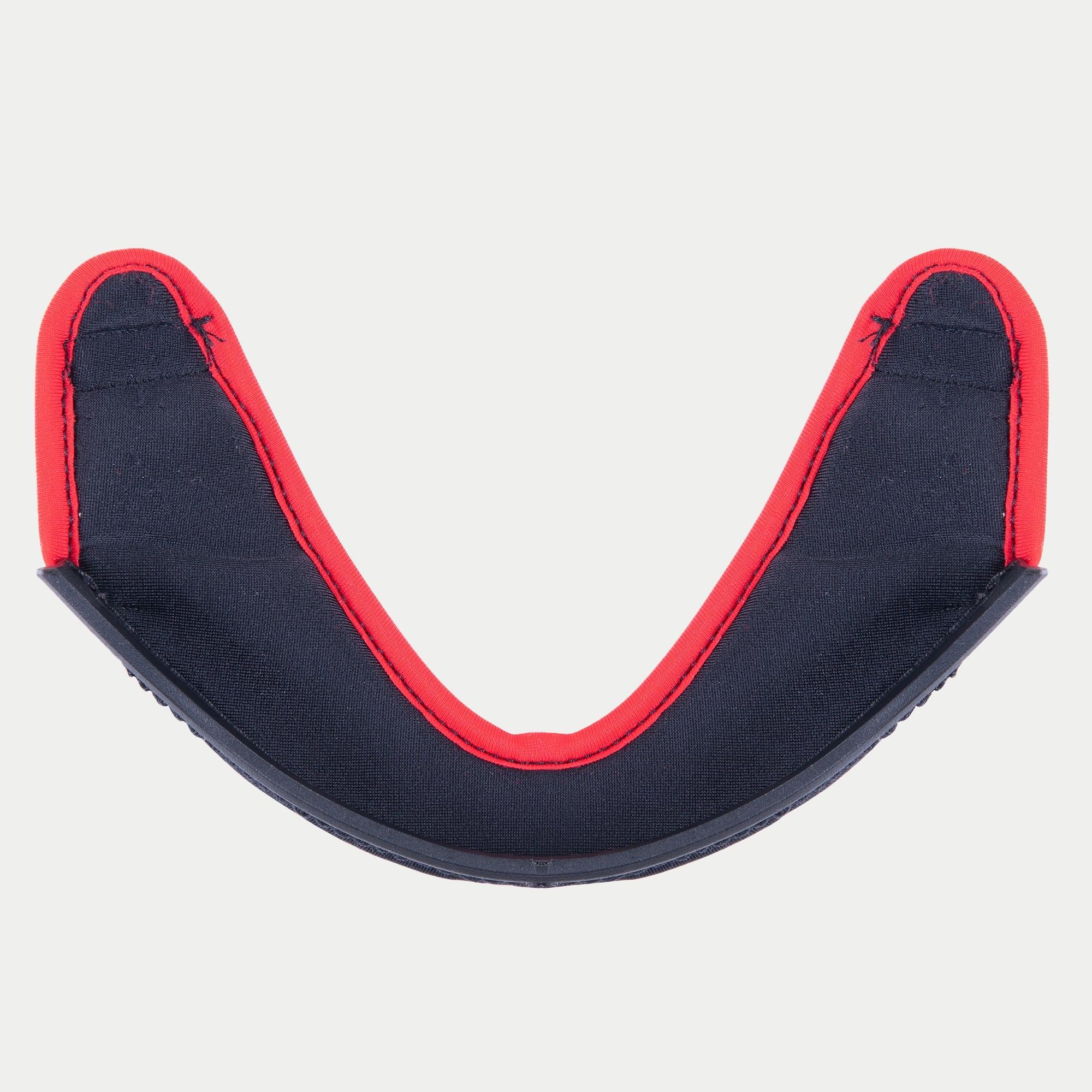 Alpinestars Supertech R10 Chin Curtain, helmet accessory, black fabric with bright red trim, curved U-shape design, official replacement part for S-R10 motorcycle helmets