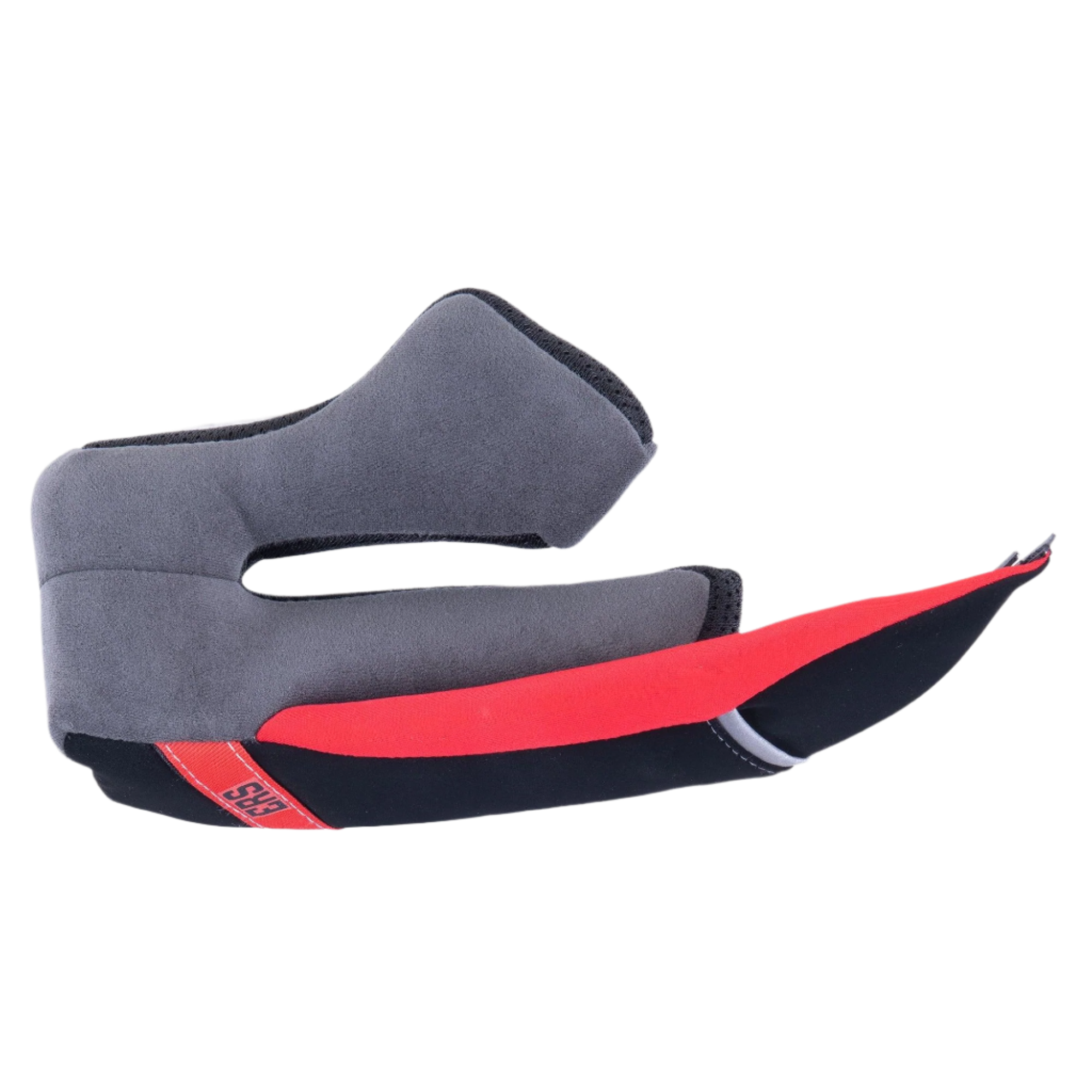 Alpinestars Supertech R10 Standard Kindkudde, höger sida, reservdel för motorcykelhjälm, grå mjuk vaddering med svarta och röda detaljer, röd dragflik för ERS (Emergency Release System)