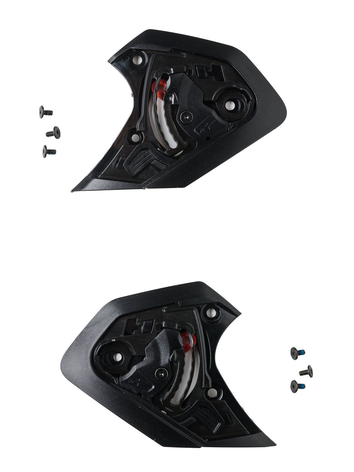 Alpinestars S-R7 visirmekanism, svarta reservdelar för motorcykelhjälm inom roadracing, inkluderar monteringsskruvar.