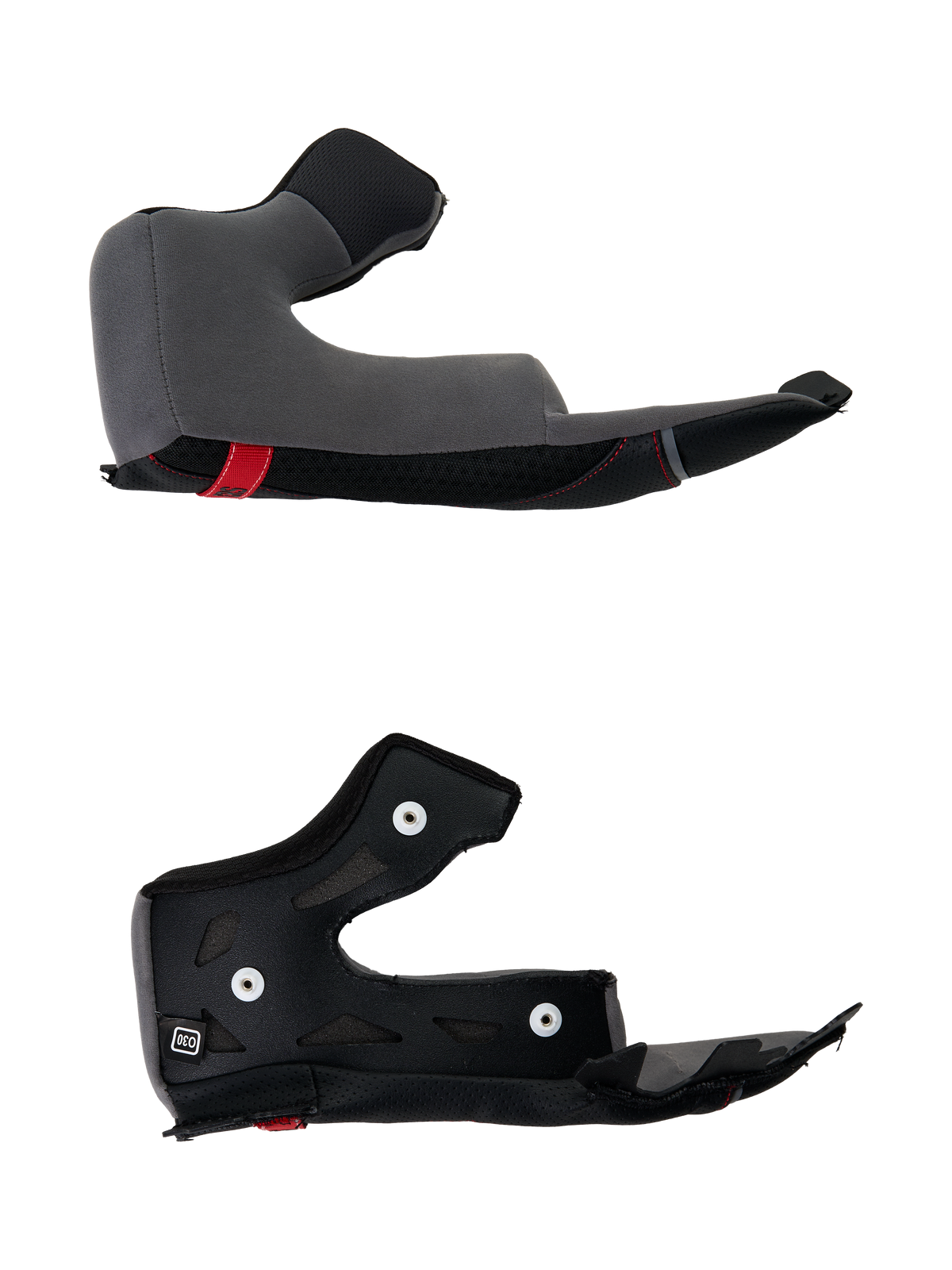 Alpinestars S-R7 kindkuddar, ersättningskindkuddar för motorcykelhjälm, gråa och svarta, polyuretan-konstruktion med tryckknappar, detaljerad vy av hjälmtillbehör