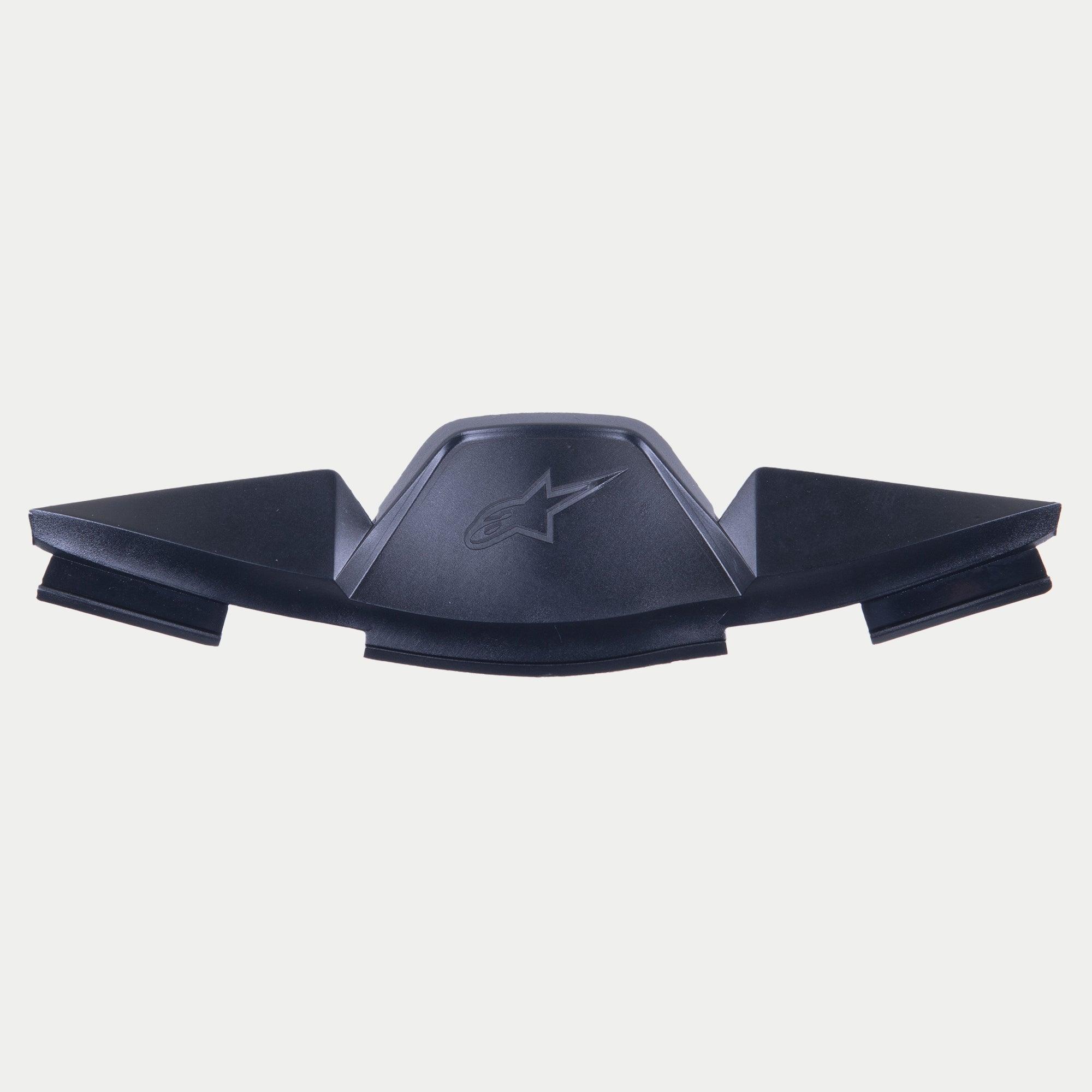 Alpinestars Supertech R10 andningsdeflektor, svart hjälmtillbehör, med en präglad stjärnlogotyp och vinklad geometrisk design för hantering av luftflöde och minskad imma på visiret.