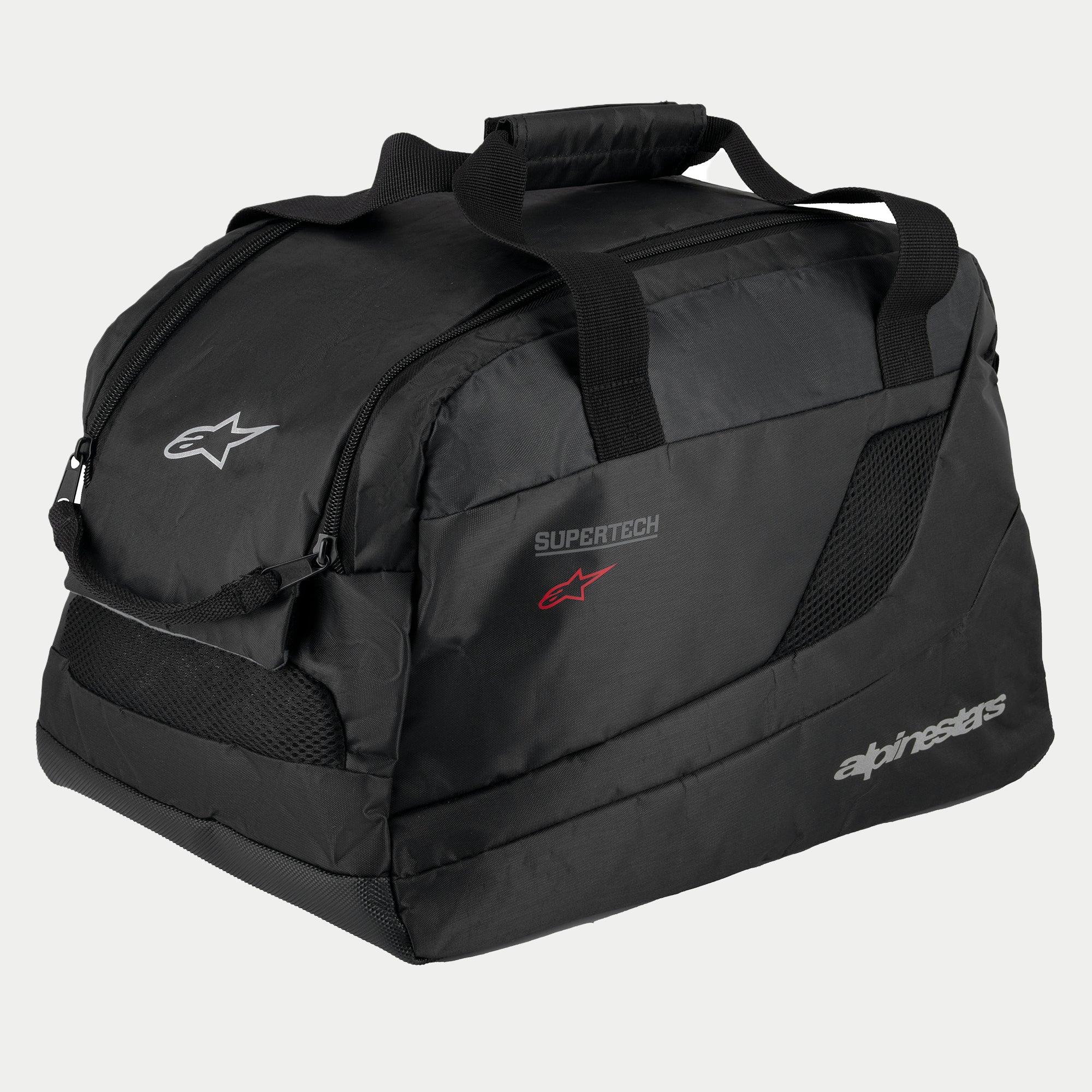 Alpinestars Supertech R10 hjälmväska, svart, vadderad halvstyv konstruktion för motorcykelhjälmar, bärhandtag med kardborrförslutning, dragkedjeöppning, ventilationspaneler i mesh och reflekterande Alpinestars- och Supertech-logotyper