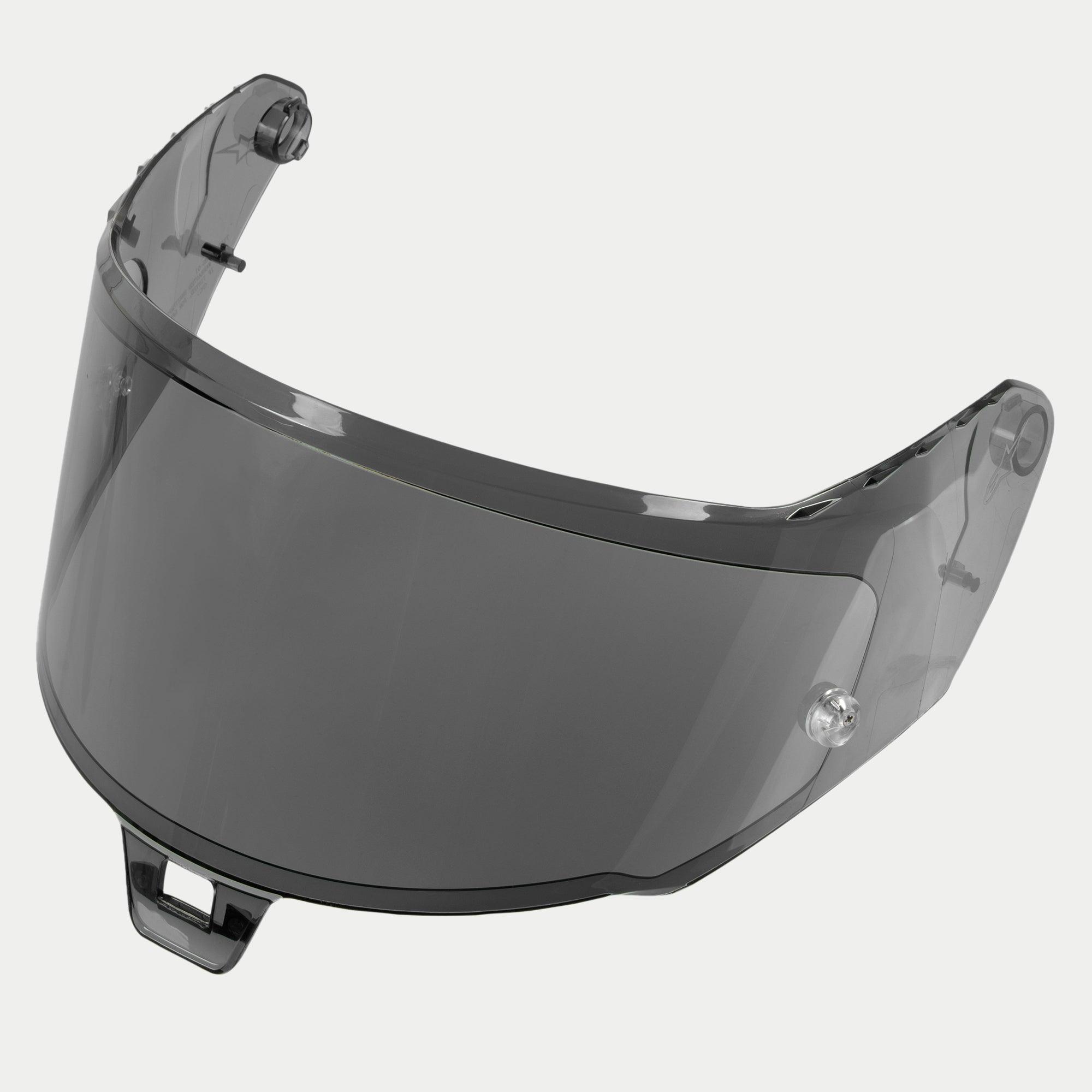 Alpinestars Supertech R10 AFHS-01 Shield, hjälmtillbehör, Dark Smoke, böjt utbytesvisir med transparent mörk toning, repskyddsbehandling och monteringsdetaljer för körning i dagsljus