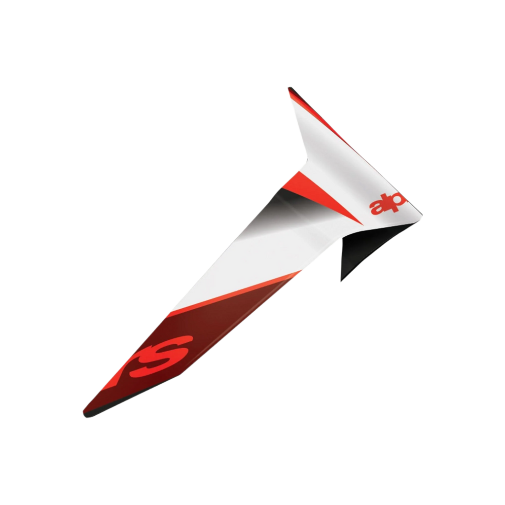 Alpinestars Supertech R10 Team Standard Spoiler, motorcykelhjälmstillbehör, glansig finish i kolfibersvart, rött och vitt, aerodynamisk reservdel med skarpt vinklad design och tydlig grafisk logotyp.