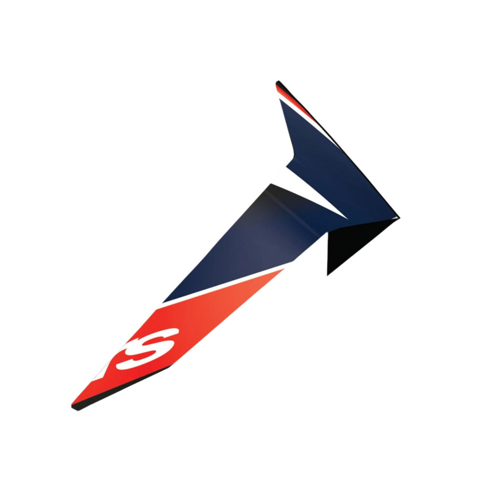 Alpinestars Supertech R10 Team Standard Spoiler, hjälmtillbehör för motorcykel, svart kolfiber, neonröd och matt mörkblå, aerodynamisk vingliknande design med kantig profil, vit S-logotyp, officiell reservdel för S-R10-hjälmar