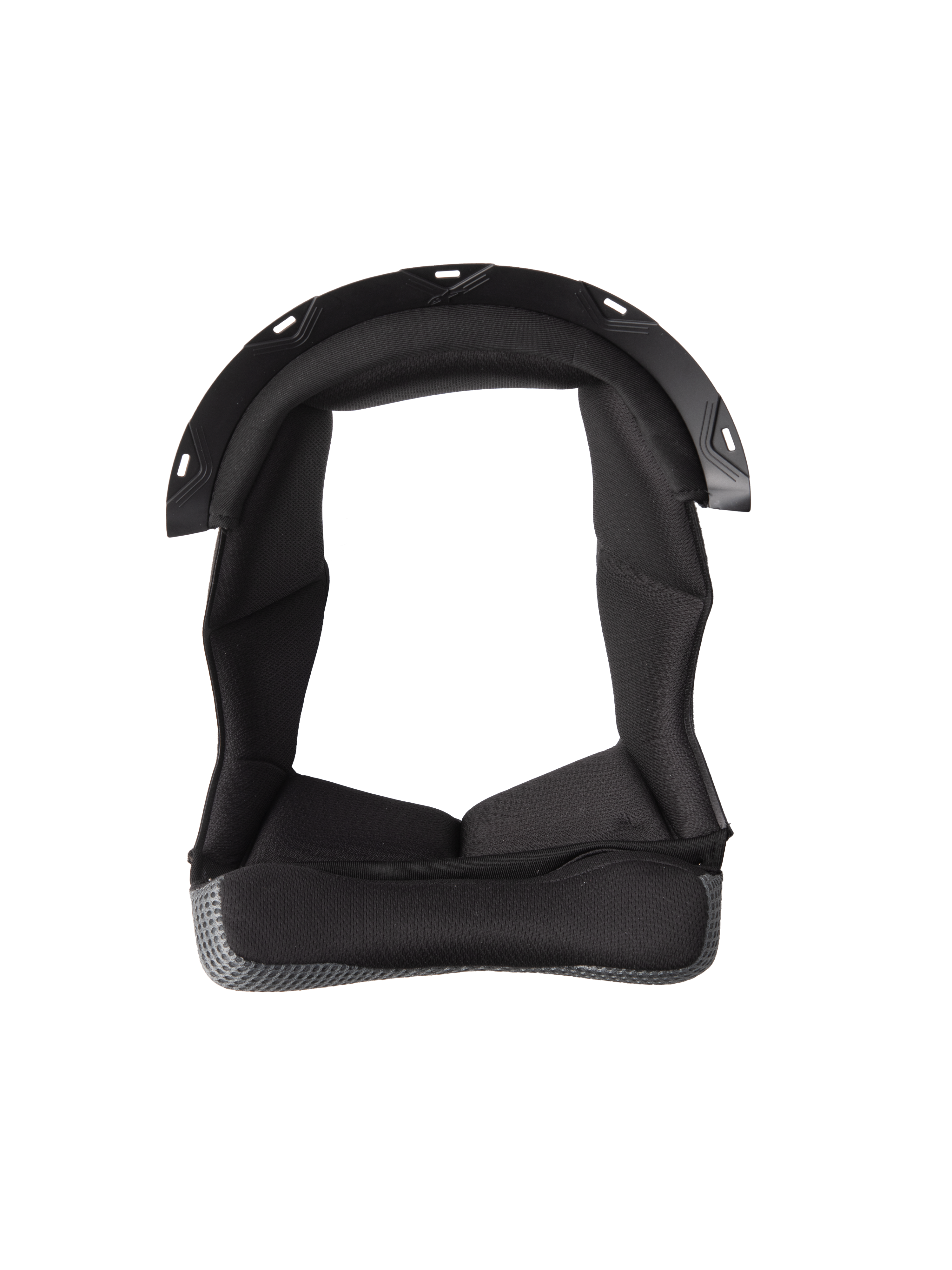 Alpinestars S-M7 Crown Pad, svart hjälmfoder med U-formad design, vadderad insida med texturerat tyg, kant i grått meshmaterial, fästpunkter i plast, komfort- och skyddsvaddering för motorcykelhjälm