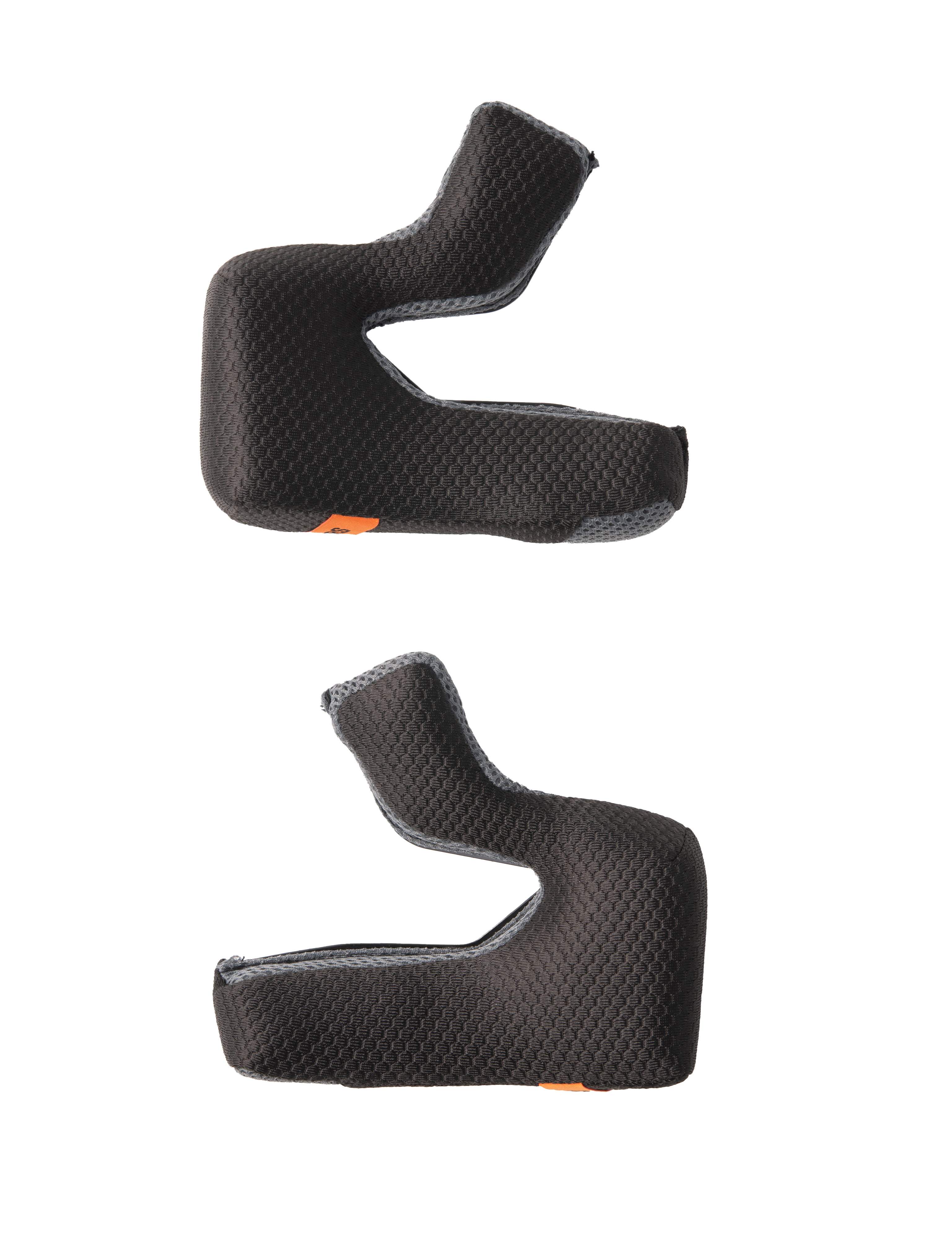 Alpinestars S-M7 kindkuddeset, ersättningsvaddering för hjälm, svarta med texturerat bikakemönstrat tyg och grå mesh-kanter, konturerade skumkuddar för ergonomisk passform, med orangea nödutlösningsflikar, tillbehör för motorcykelhjälmar