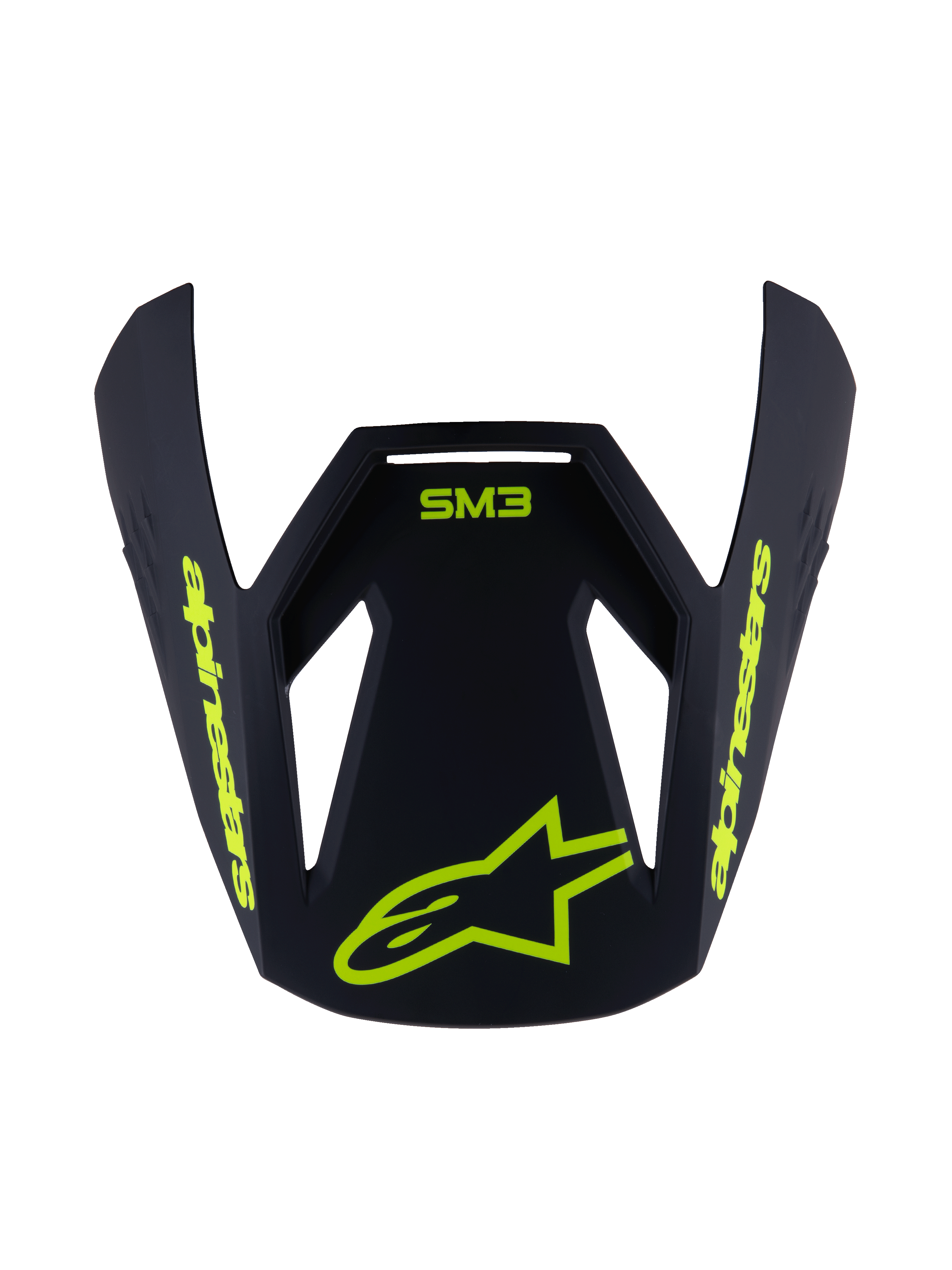 Alpinestars S-M3 Youth Radium Visor, Replacement Helmet Peak, Matte Black with Fluorescent Yellow graphics, featuring SM3 logo and Alpinestars branding, angular aerodynamic design for motocross helmets