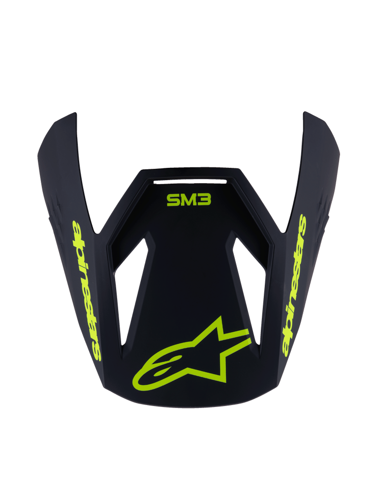 Alpinestars S-M3 Youth Radium Visor, Replacement Helmet Peak, Matte Black with Fluorescent Yellow graphics, featuring SM3 logo and Alpinestars branding, angular aerodynamic design for motocross helmets