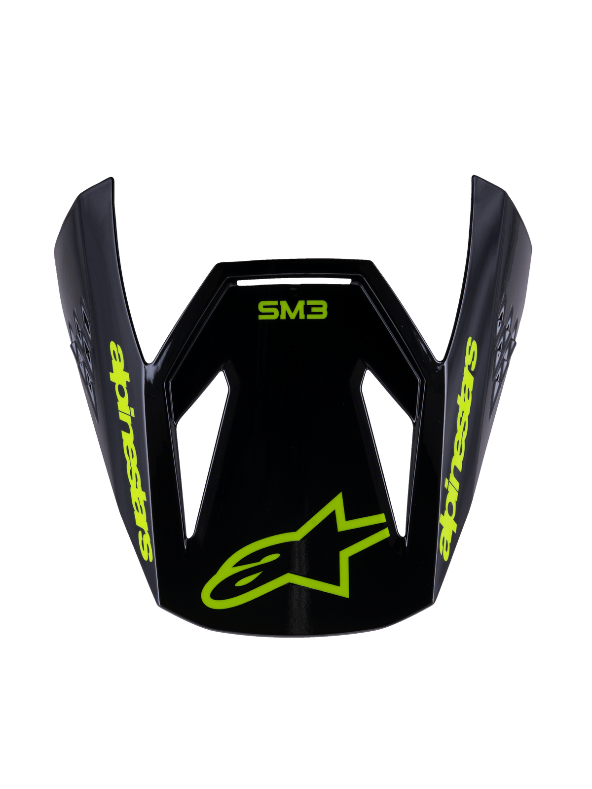 Alpinestars S-M3 Youth Radium Visor, ersättningsvisir för motocrosshjälm, svart gul fluo glansig, med gul Alpinestars-text och stjärnlogotyp på framsidan, aerodynamisk design för terränghjälmar för ungdomar
