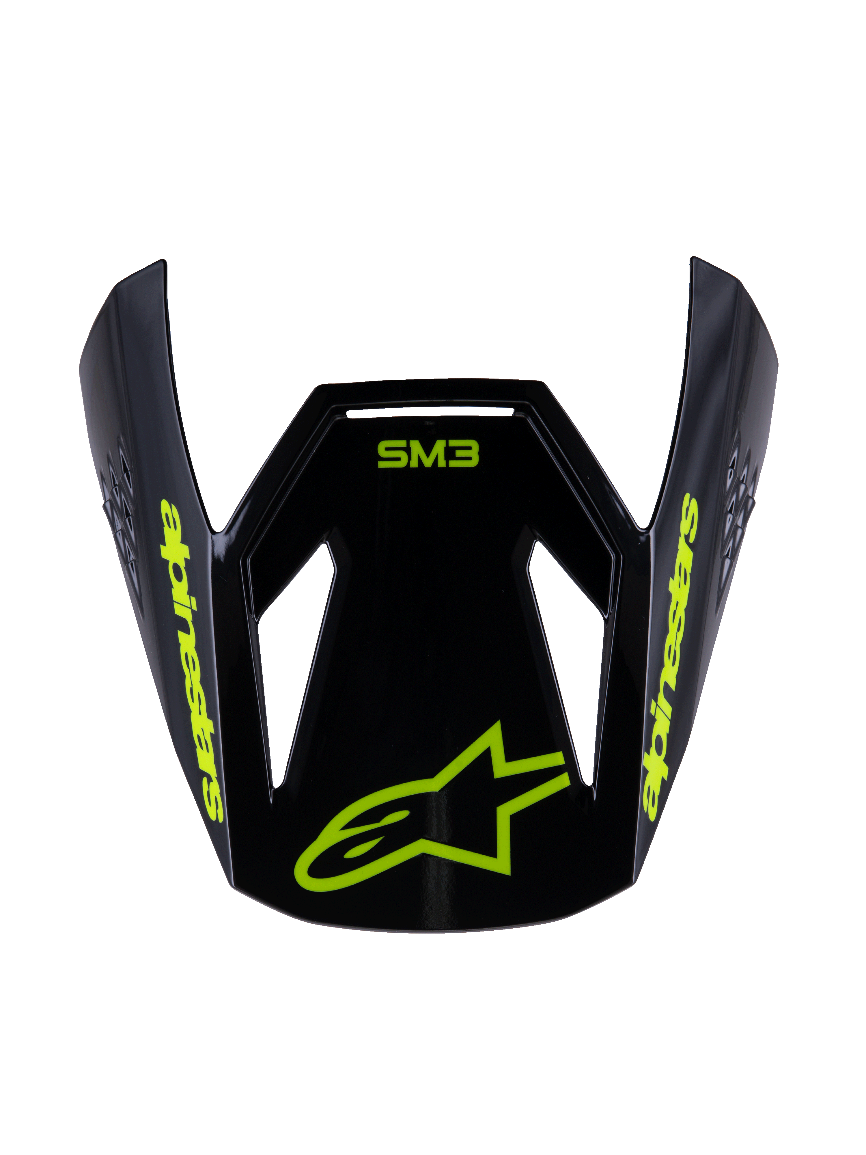 Alpinestars S-M3 Youth Radium Visor, ersättningsvisir för motocrosshjälm, svart gul fluo glansig, med gul Alpinestars-text och stjärnlogotyp på framsidan, aerodynamisk design för terränghjälmar för ungdomar