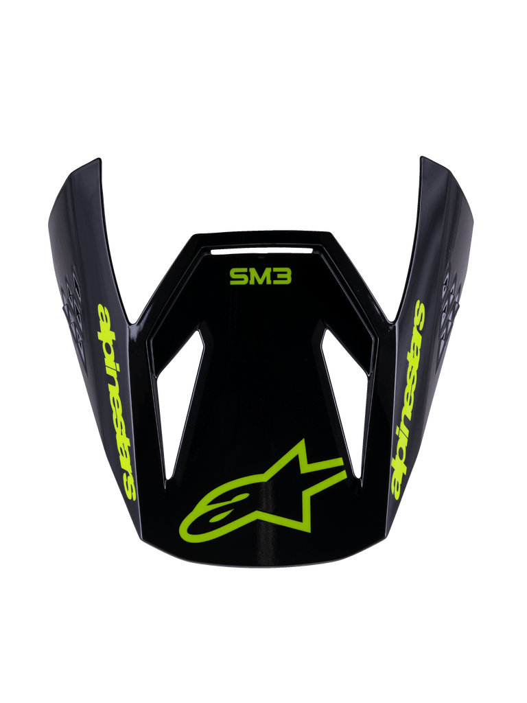 Alpinestars S-M3 Youth Radium Visor, Replacement Motocross Helmet Peak, Black Yellow Fluo Glossy, featuring yellow Alpinestars branding and star logo on the front, aerodynamic design for youth off-road helmets