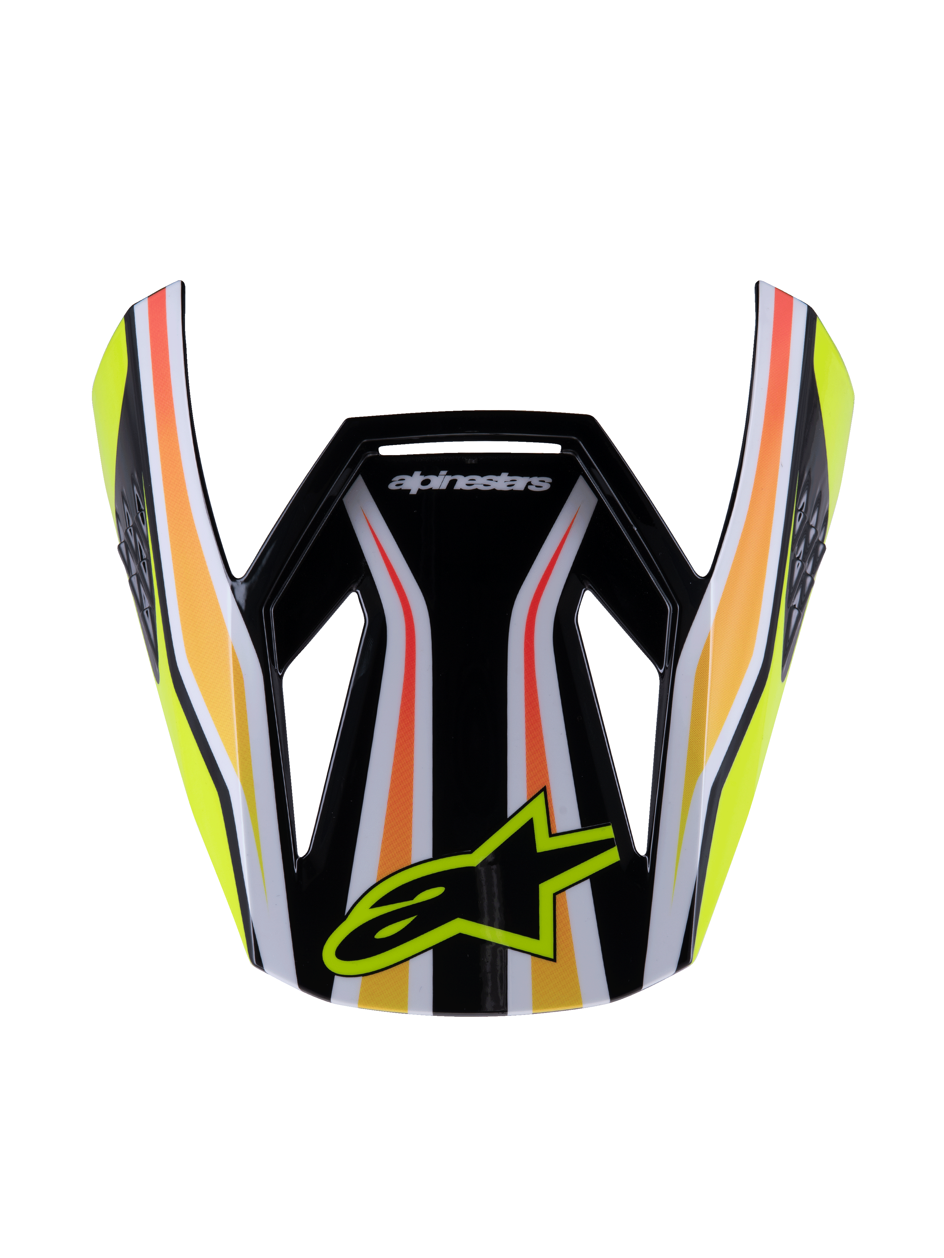 Alpinestars S-M3 Youth Wurx Visor, hjälmvisir för motocross, svart med gula, orange och röda ränder, gul Alpinestars-logotyp, blank aerodynamisk design, ersättningsvisir för terrängkörning för ungdomar