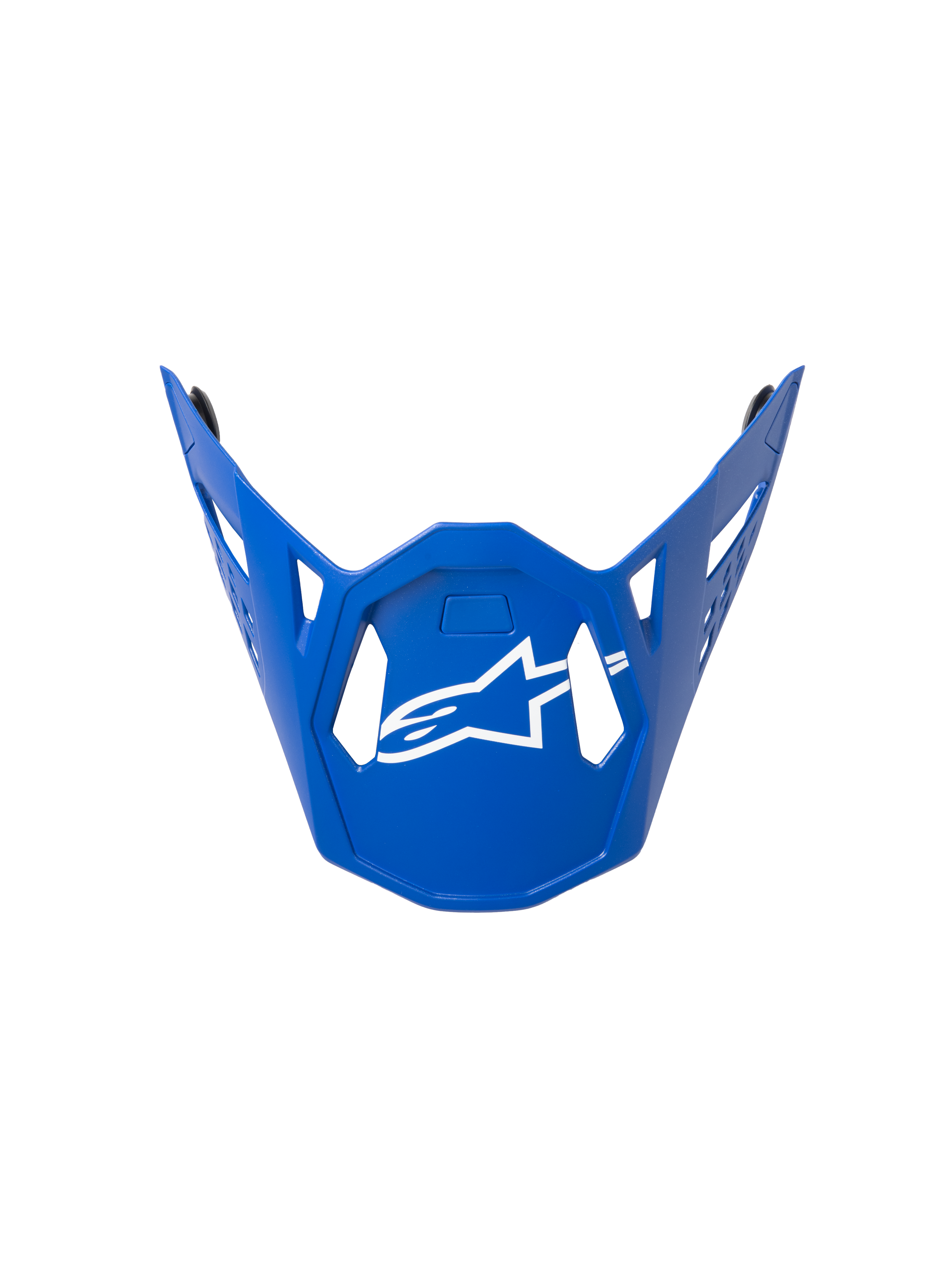 Alpinestars Supertech M10 Flood Visor, motocrosshjälmvisir, blått med vit logotyp, geometrisk kantig design med ventilationsöppningar, strömlinjeformad profil, officiell reservdel för terrängracinghjälmar