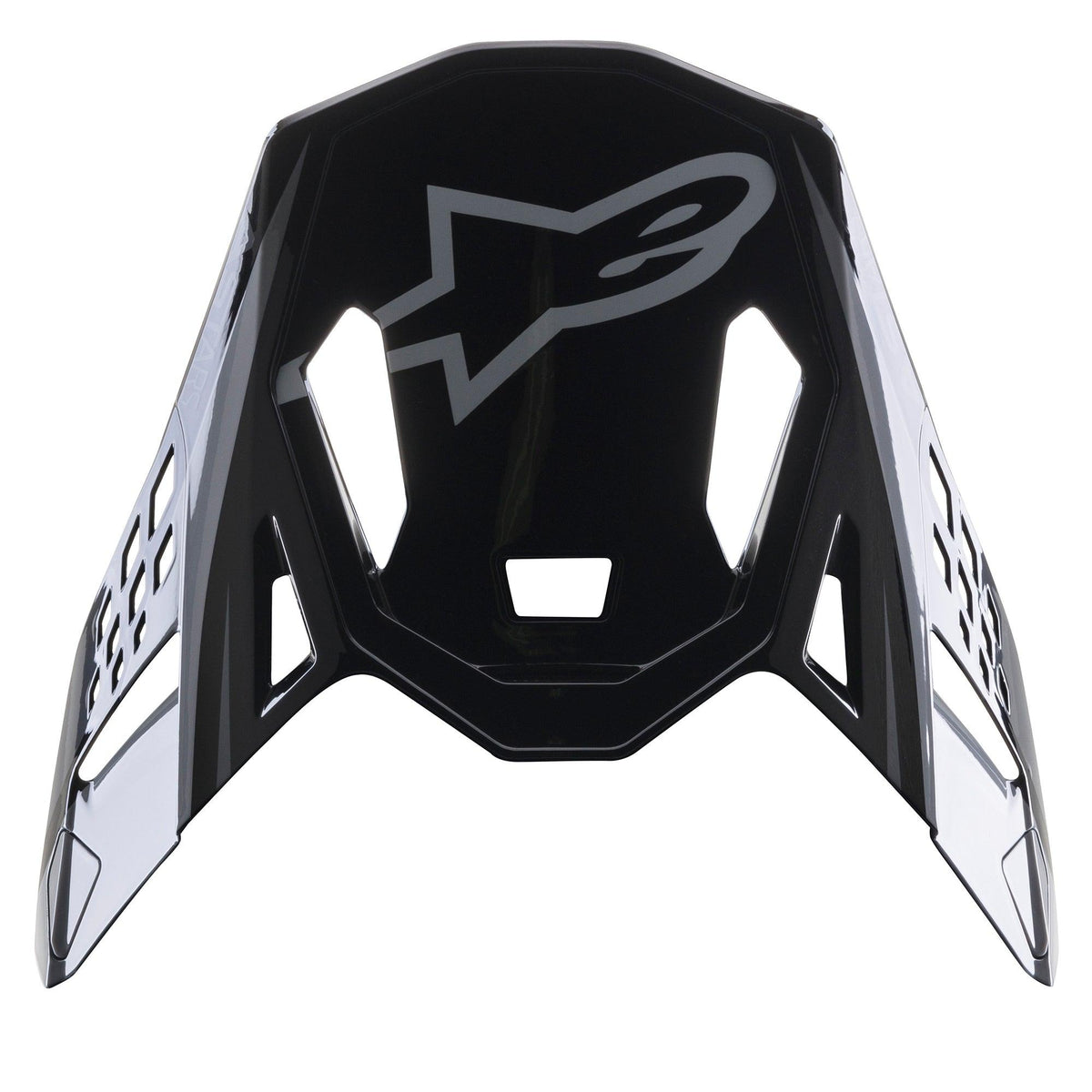Alpinestars Supertech M10 Carbon Meta2-visir, tillbehör till motocrosshjälm, glansigt svart och grått, med en grå A-star-logotyp på framsidan, aerodynamisk design med ventilationsöppningar för terrängkörning
