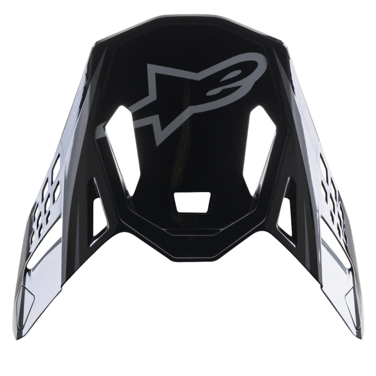 Alpinestars Supertech M10 Carbon Meta2-visir, svart och grå glansig utbytesskärm, med en grå Alpinestars-logotyp och aerodynamiska ventilationsöppningar, tillbehör för motocrosshjälm