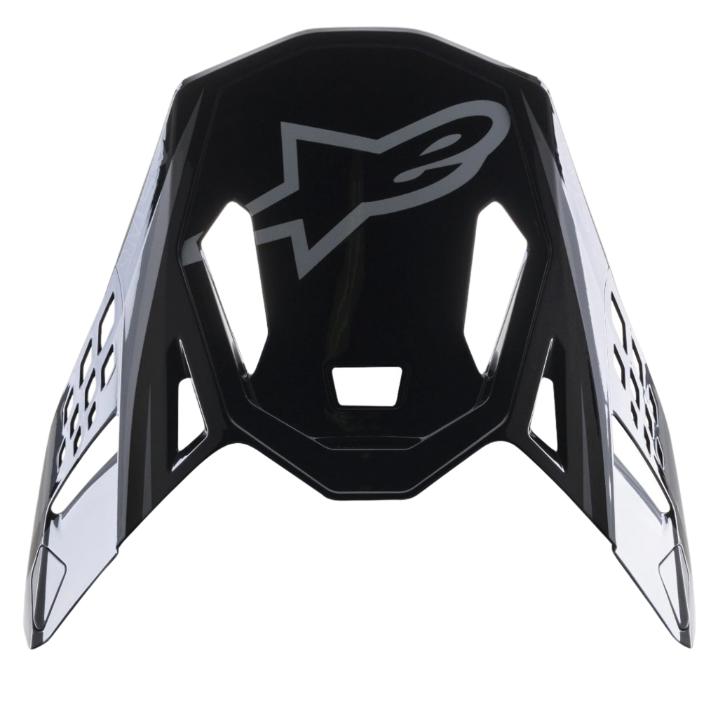 Alpinestars Supertech M10 Carbon Meta2-visir, svart och grå glansig utbytesskärm, med en grå Alpinestars-logotyp och aerodynamiska ventilationsöppningar, tillbehör för motocrosshjälm