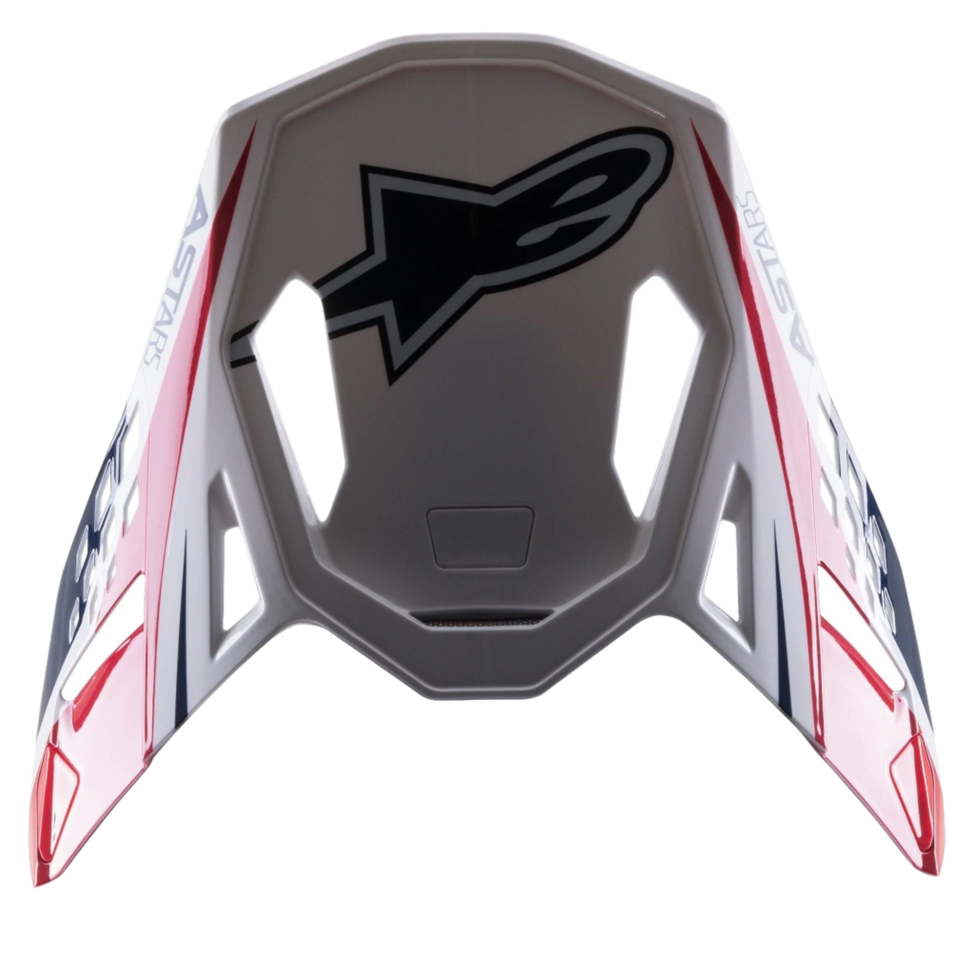 Alpinestars Supertech M10 Carbon Meta2-visir, tillbehör för motocrosshjälm, vit, röd och blå glansig finish, med en stor svart Astar-logotyp på ovansidan och märkesdetaljer på sidorna, aerodynamisk design med ventilationsöppningar för terränghjälmar