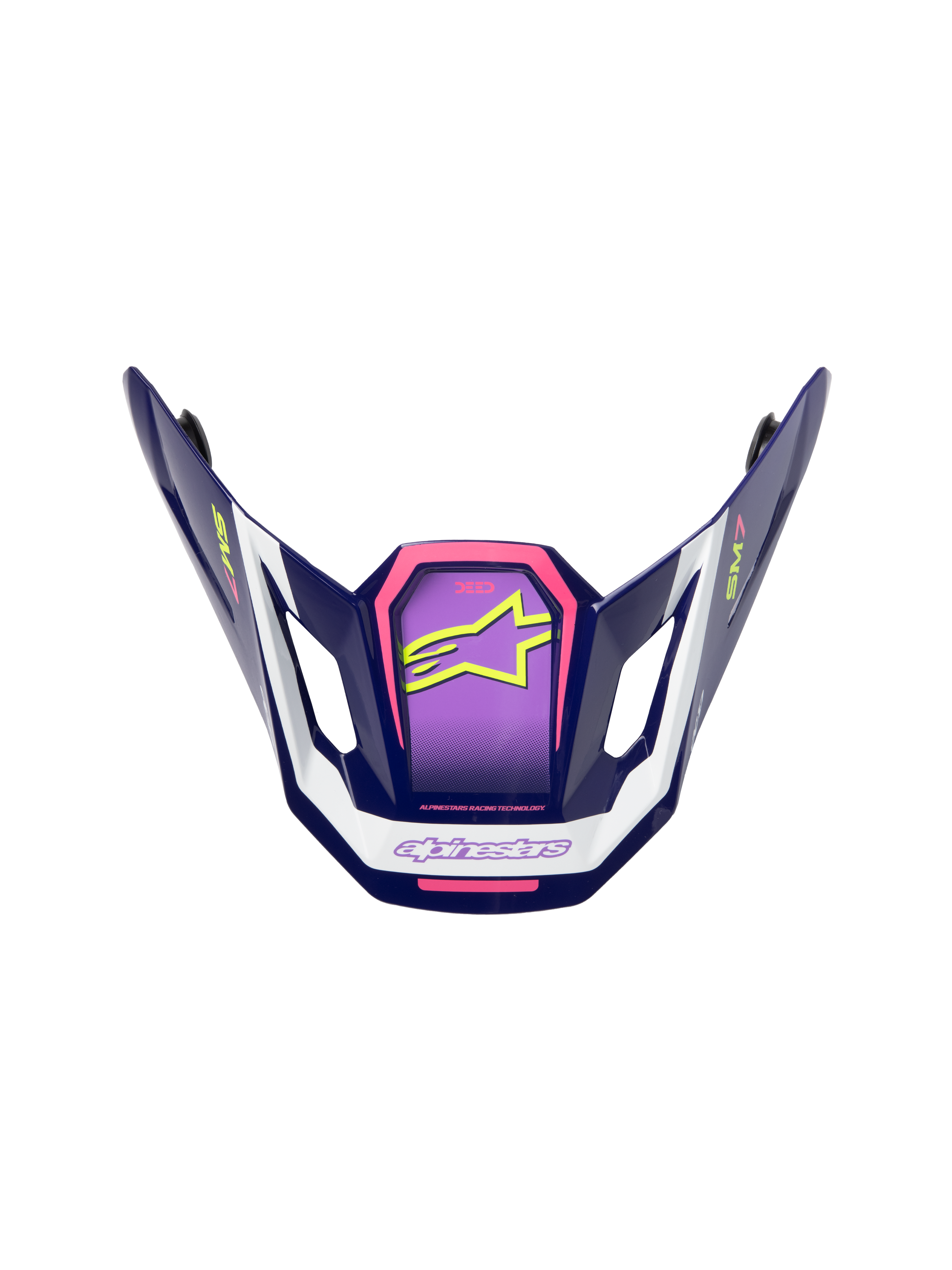Alpinestars S-M7 Deed-visir, tillbehör till motocrosshjälm, lila, rosa och vit, blank finish med neongul stjärnlogotyp och SM7-logotyp, vinklad aerodynamisk design för terrängkörning