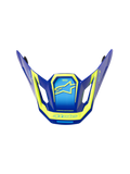 Alpinestars S-M7 Deed ECE06 Visir, ersättningsskärm för motocrosshjälm, blå och neongul med blank finish, vinklad aerodynamisk design med sidoventiler, med framträdande gula Alpinestars-logotyper och grafik.