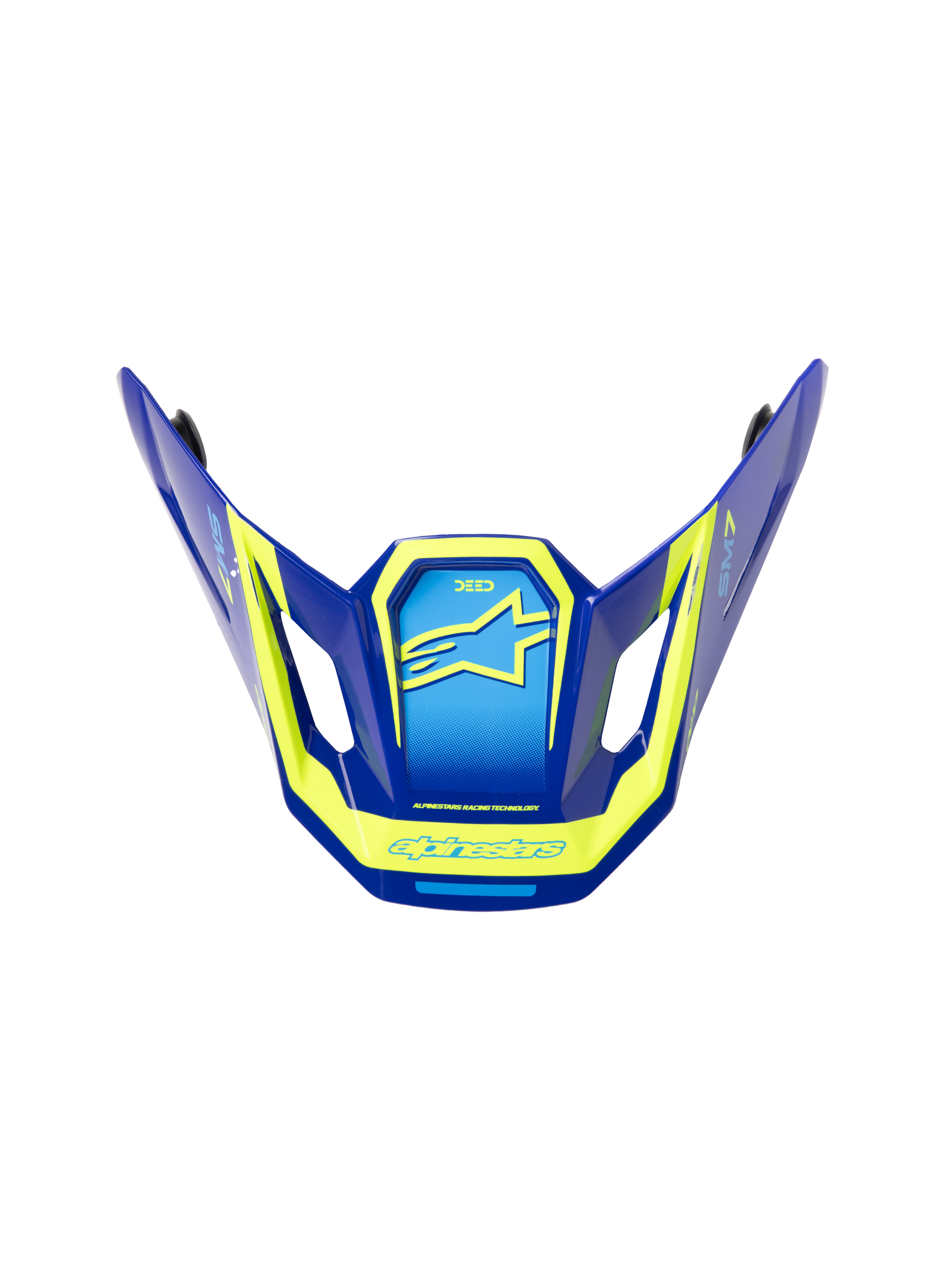 Alpinestars S-M7 Deed ECE06 Visir, ersättningsskärm för motocrosshjälm, blå och neongul med blank finish, vinklad aerodynamisk design med sidoventiler, med framträdande gula Alpinestars-logotyper och grafik.