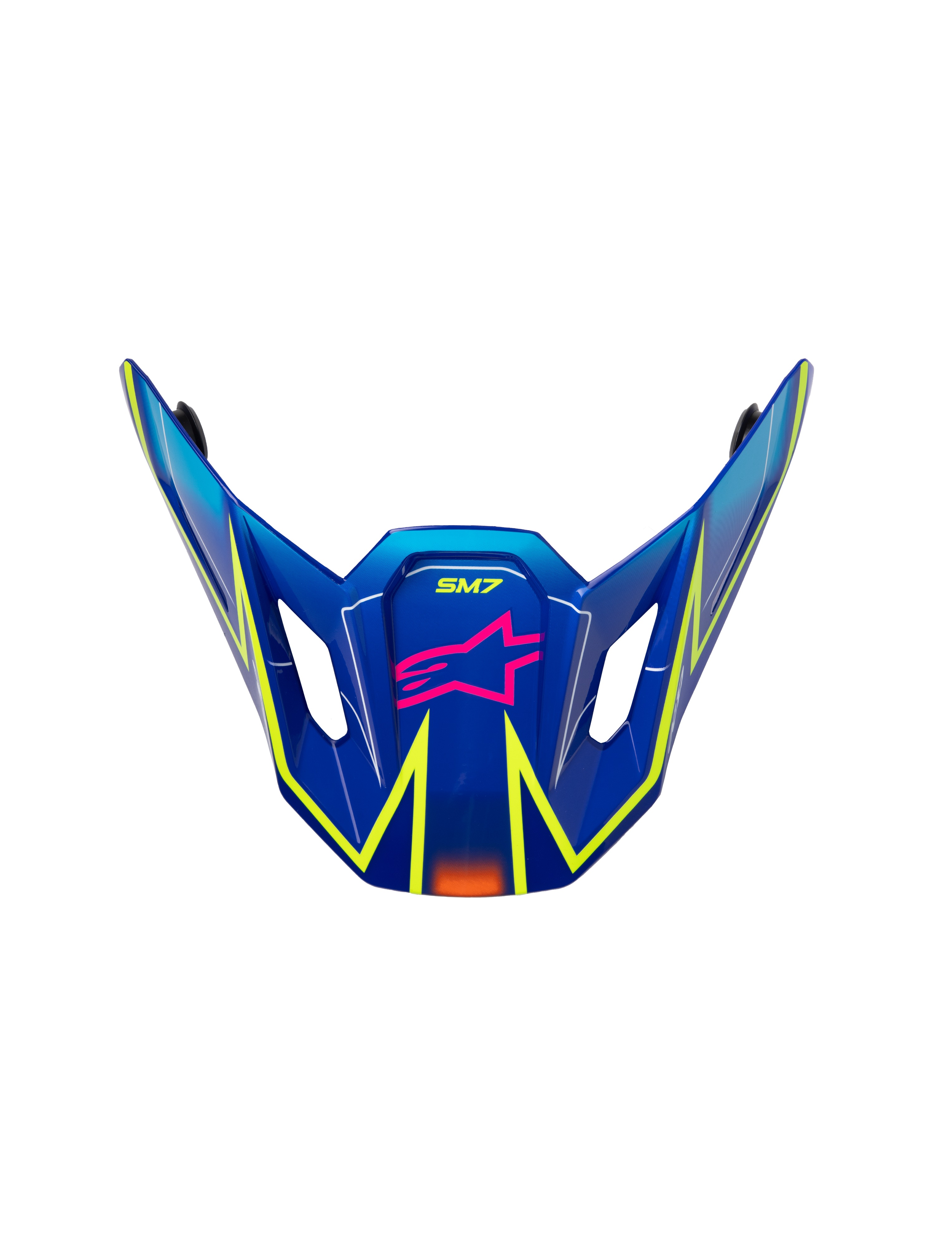 Alpinestars S-M7 Cast Visir, ersättningsskärm för motocrosshjälm, blank blå med rosa och neongula detaljer, rosa stjärnlogotyp och SM7-märkning, aerodynamisk design med ventilationsöppningar på sidorna
