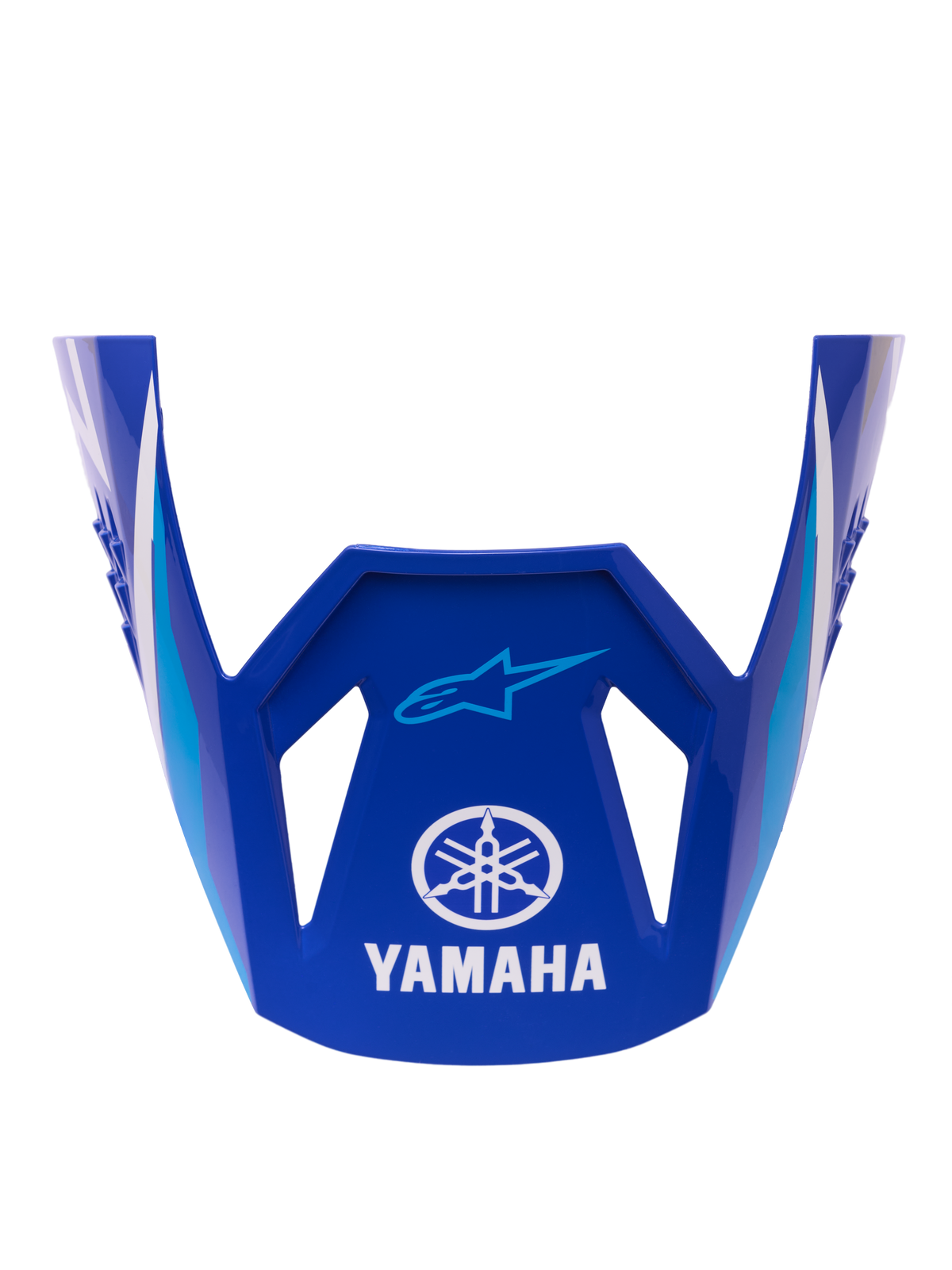 Alpinestars Yamaha S-M3 Visor ECE 22.06, utbytesvisir för hjälm, glansig blå med vita och ljusblå geometriska detaljer, med vit Yamaha-logotyp och blå Alpinestars Astar-logotyp, officiell reservdel för motocrosshjälmar