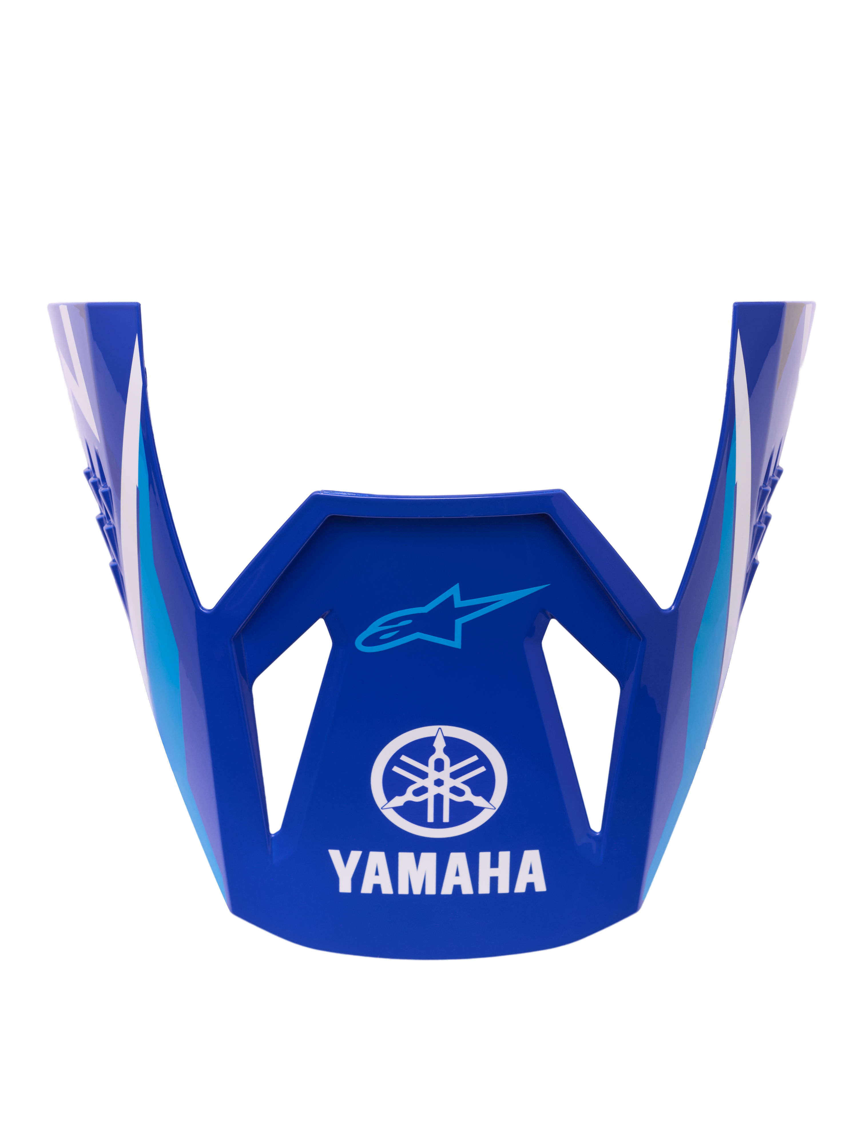 Alpinestars Yamaha S-M3 Visor ECE 22.06, utbytesvisir för hjälm, glansig blå med vita och ljusblå geometriska detaljer, med vit Yamaha-logotyp och blå Alpinestars Astar-logotyp, officiell reservdel för motocrosshjälmar